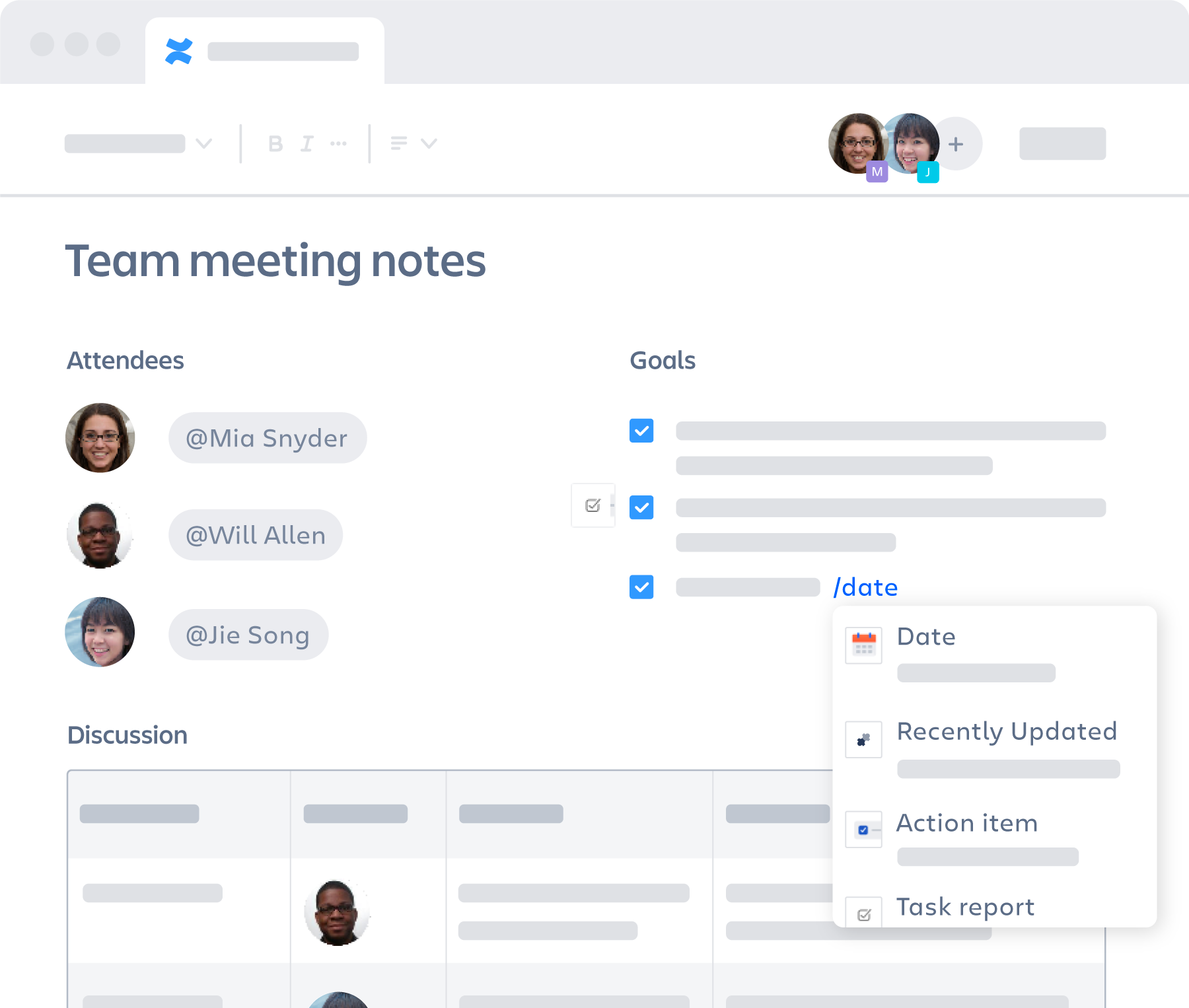 Confluence page with multiple stakeholders collaborating on Team meetings notes