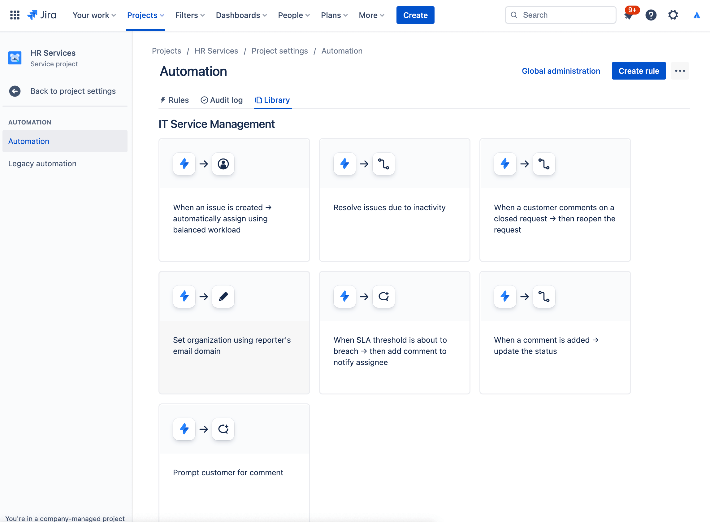 screenshot of The automation rule library