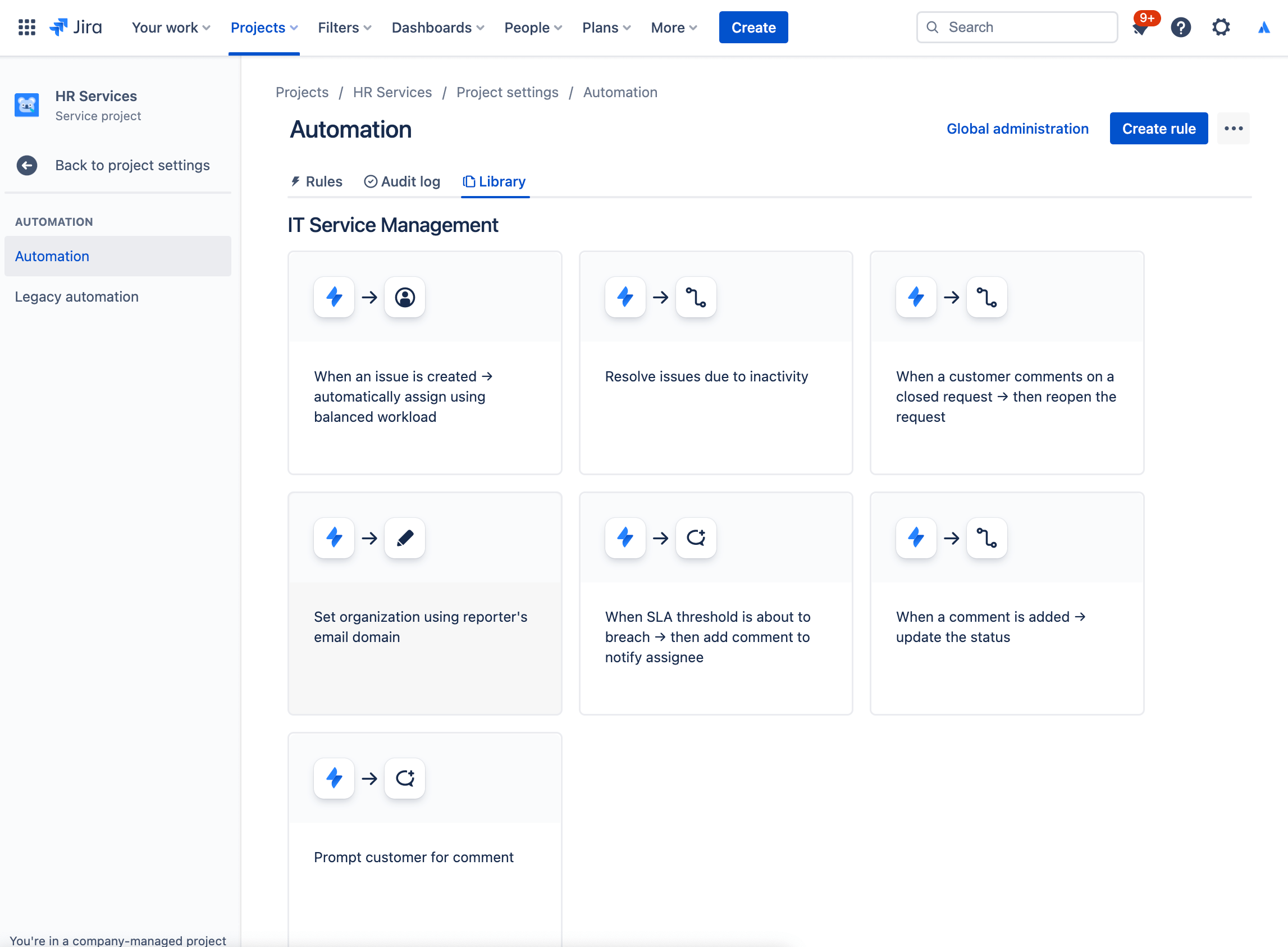 Capture d'écran de la bibliothèque de règles d'automatisation