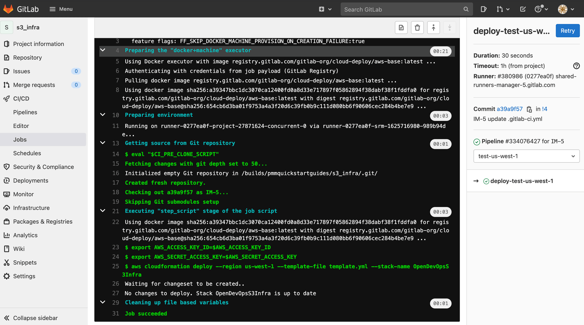 Detailed job screen for running pipeline in GitLab
