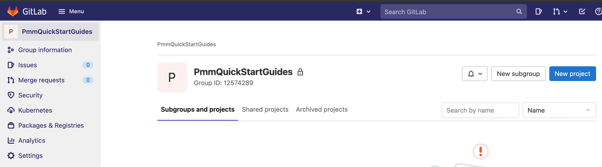 GitLab에서 "새 프로젝트"를 만들기 위해 탐색