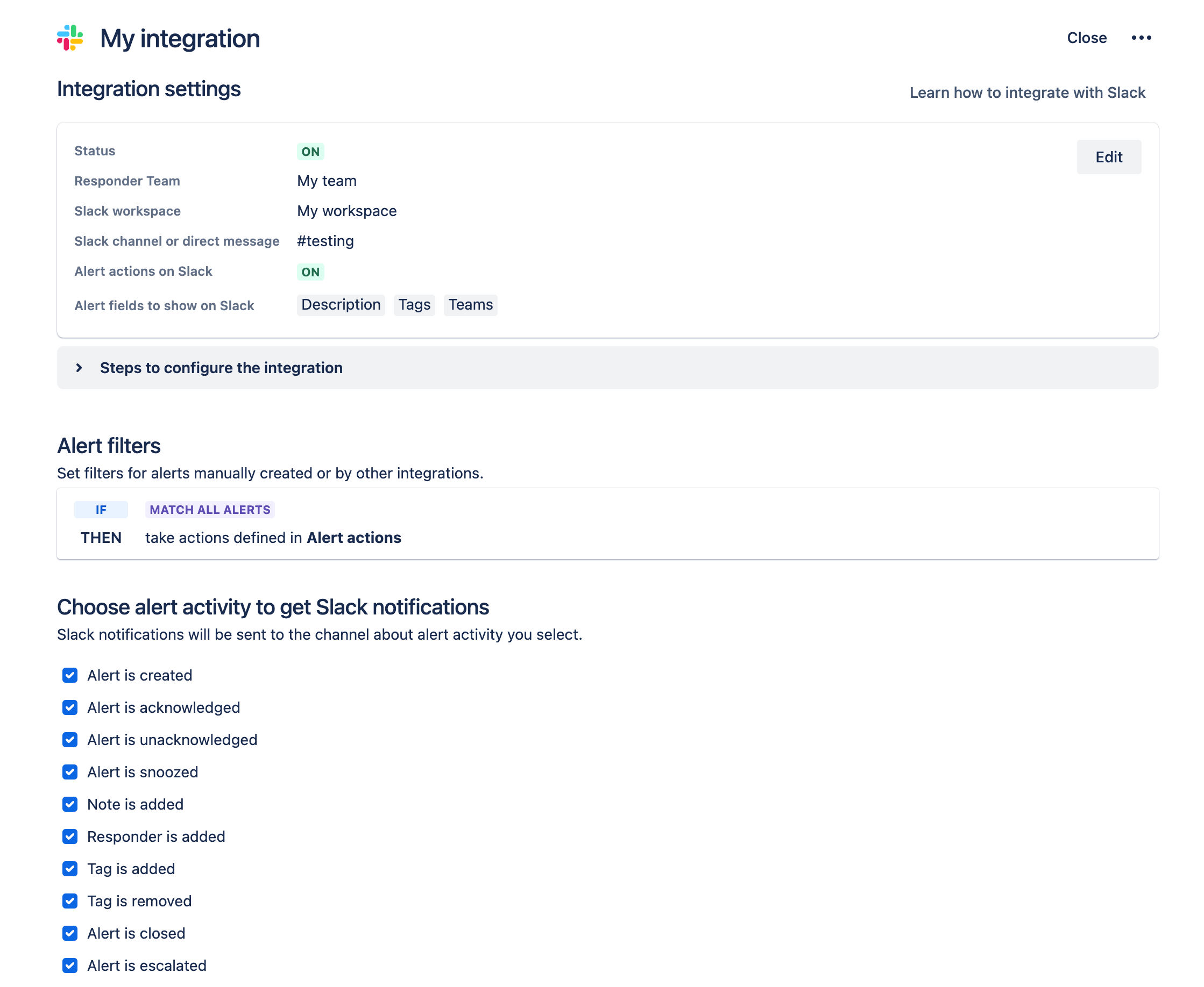 Ustawienia integracji Slack
