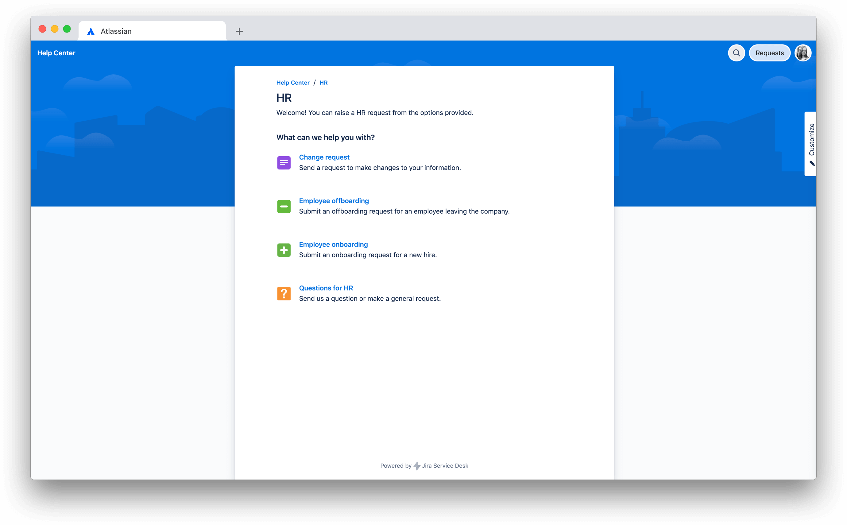Jira Service Desk screenshot of portal