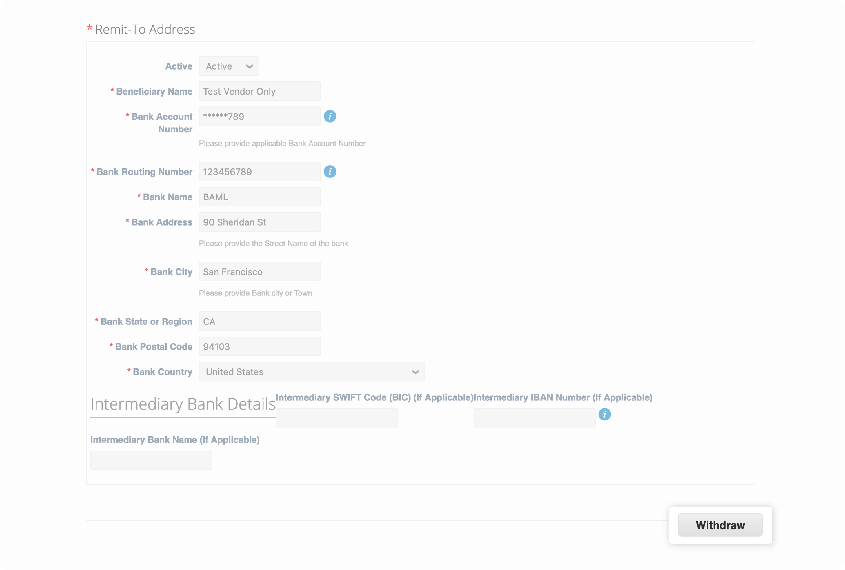 Coupa Supplier Portal Remit-To Address form Withdraw button