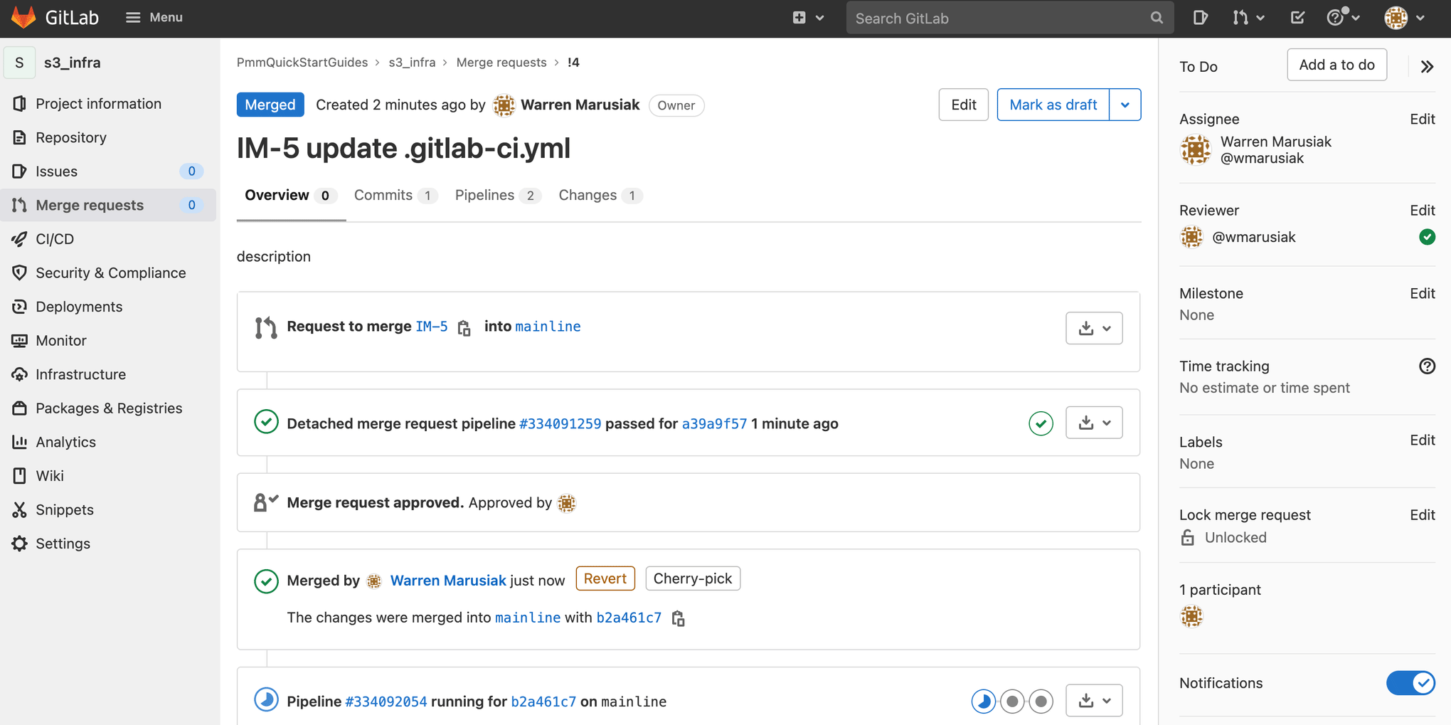 Merge della richiesta di merge attiva in GitLab