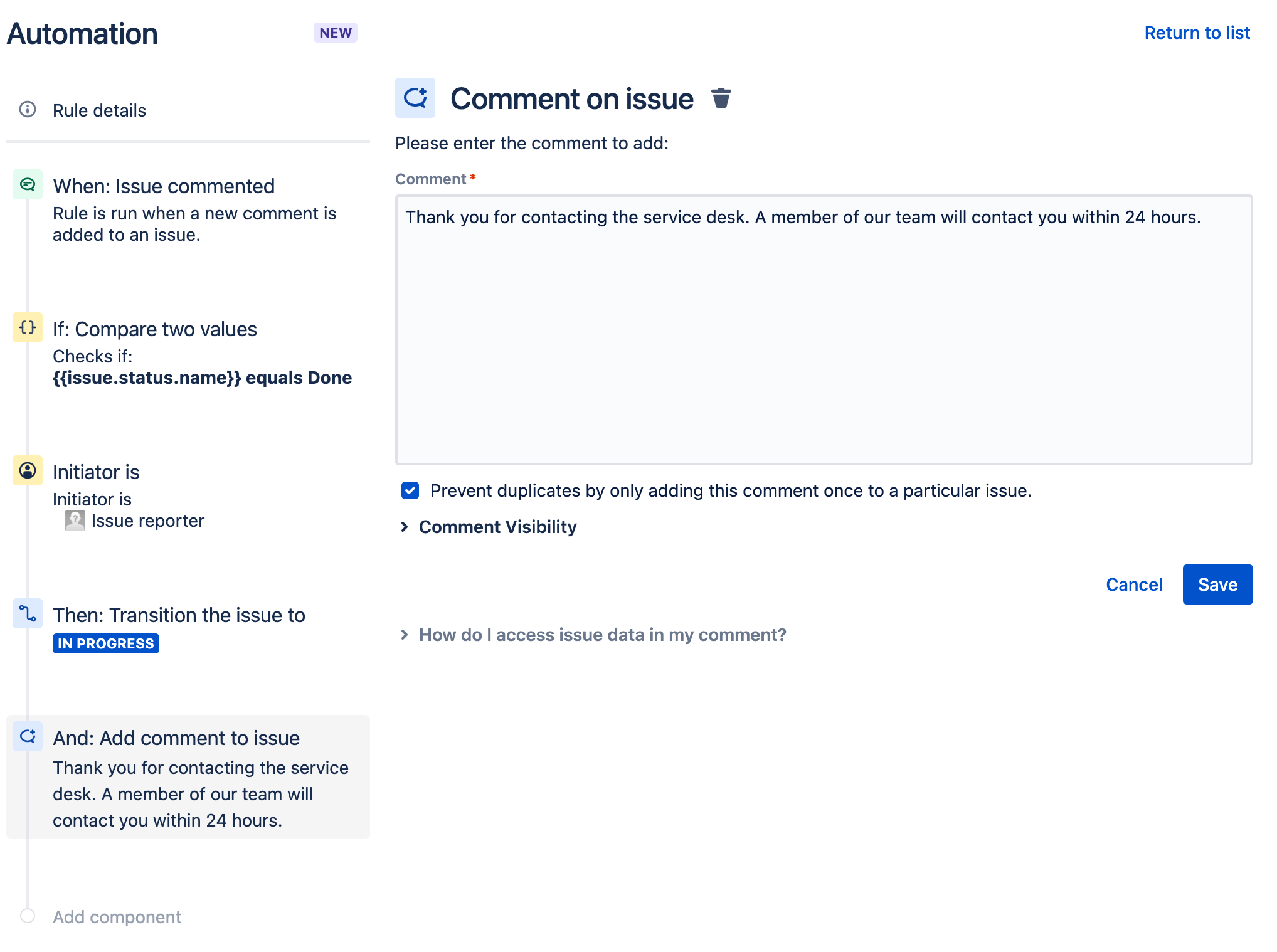 Adding a comment to the issue in automation for Jira Service Management