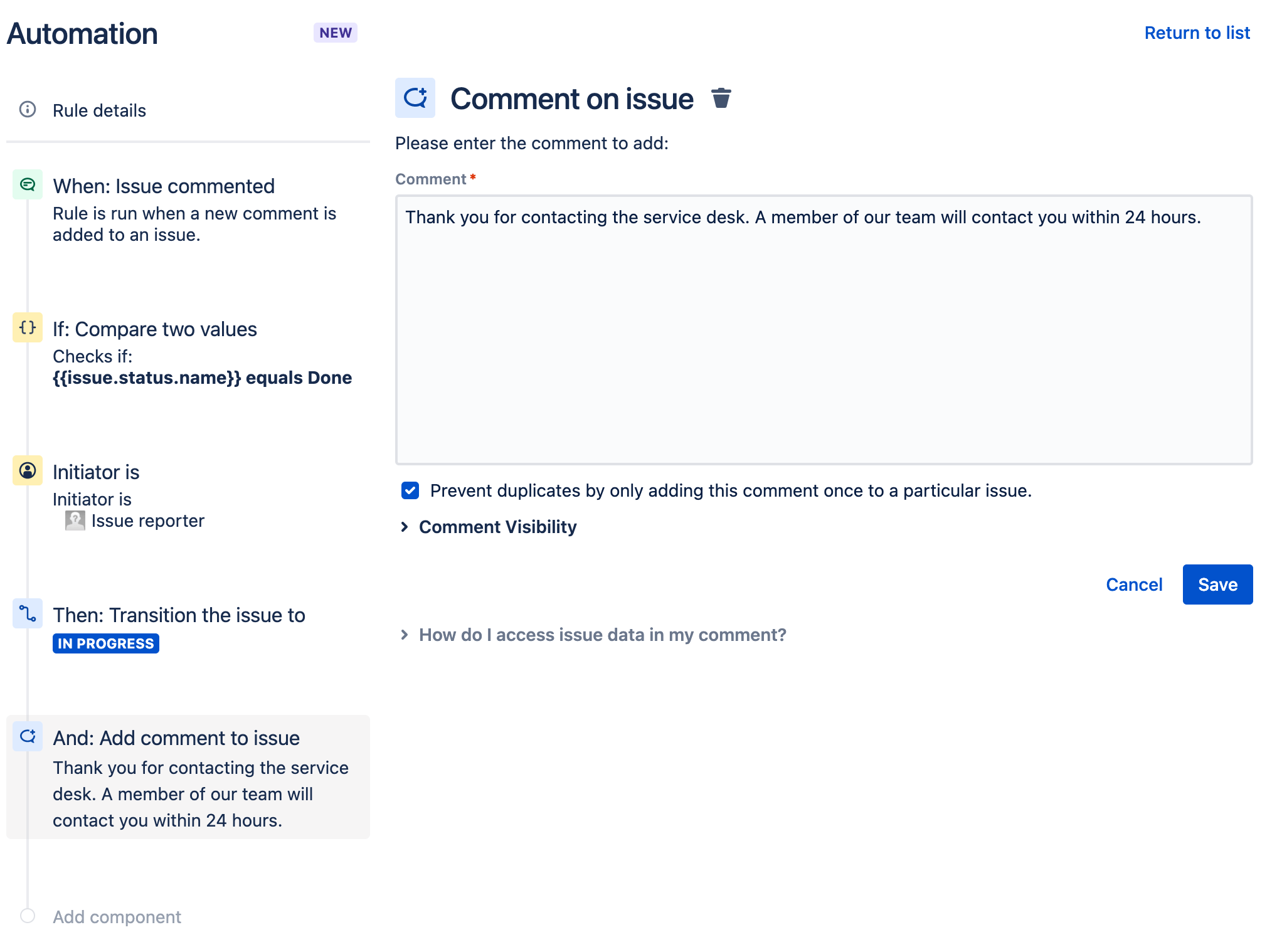Aggiunta di un commento al ticket nell'automazione per Jira Service Management