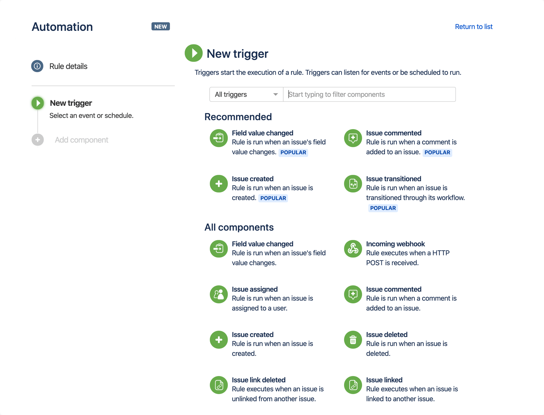Screenshot delle regole di automazione su singoli progetti