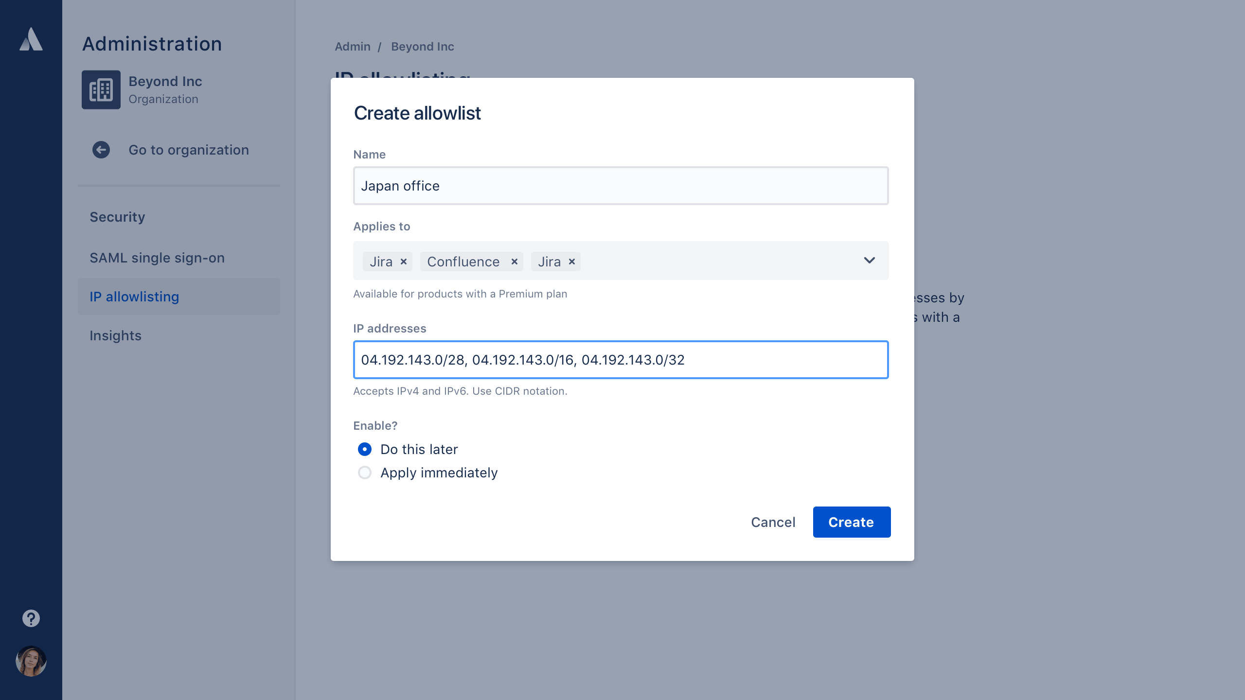 Ejemplo de listas de IP aceptadas