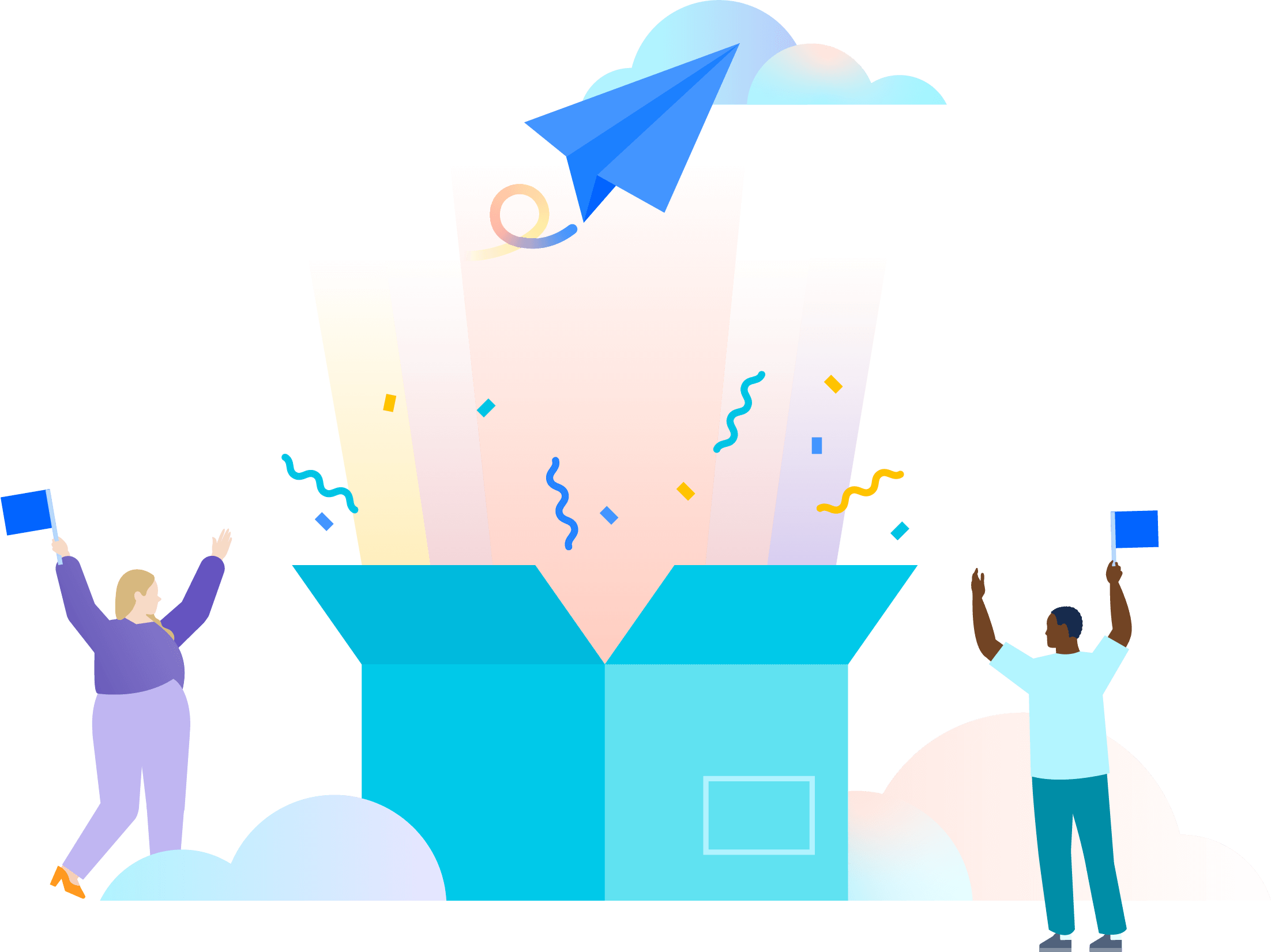 An illustration of two people celebrating the opening of a large oversized teal box which is revealing multi-colored light rays, confetti and a blue paper airplane headed up towards clouds.