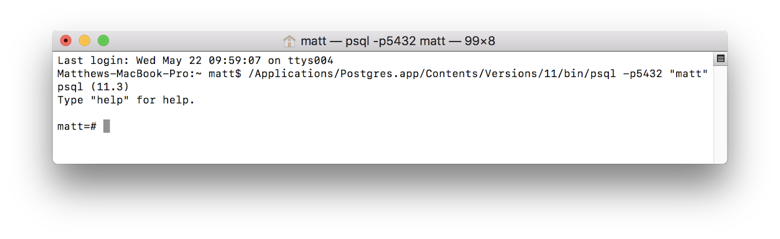 image showing the psql interface with the database 'matt'