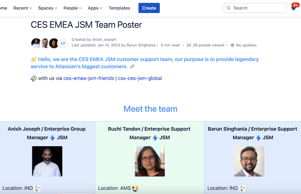 Modello Confluence Poster del team per Jira Service Management
