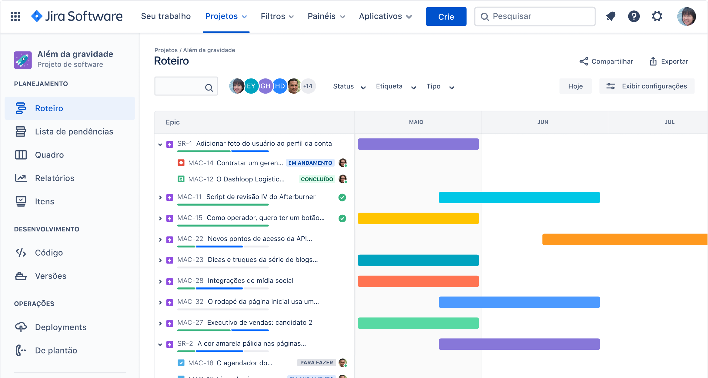 Tela de roteiros no Jira Software