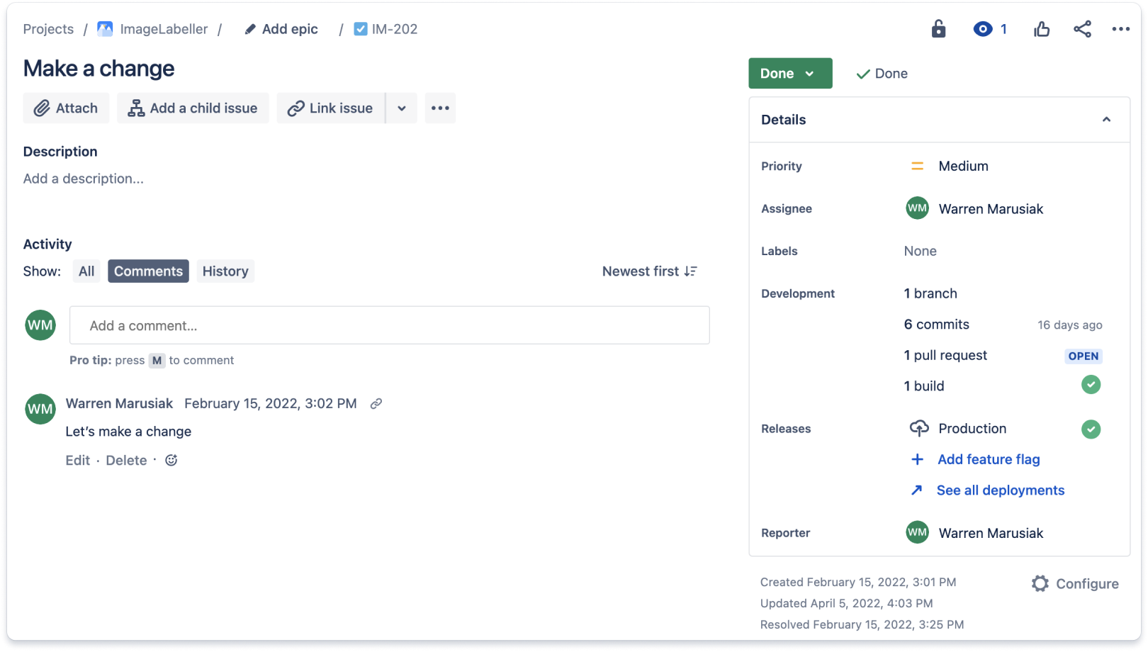Capture d'écran de l'intégration du contrôle de version au suivi du travail