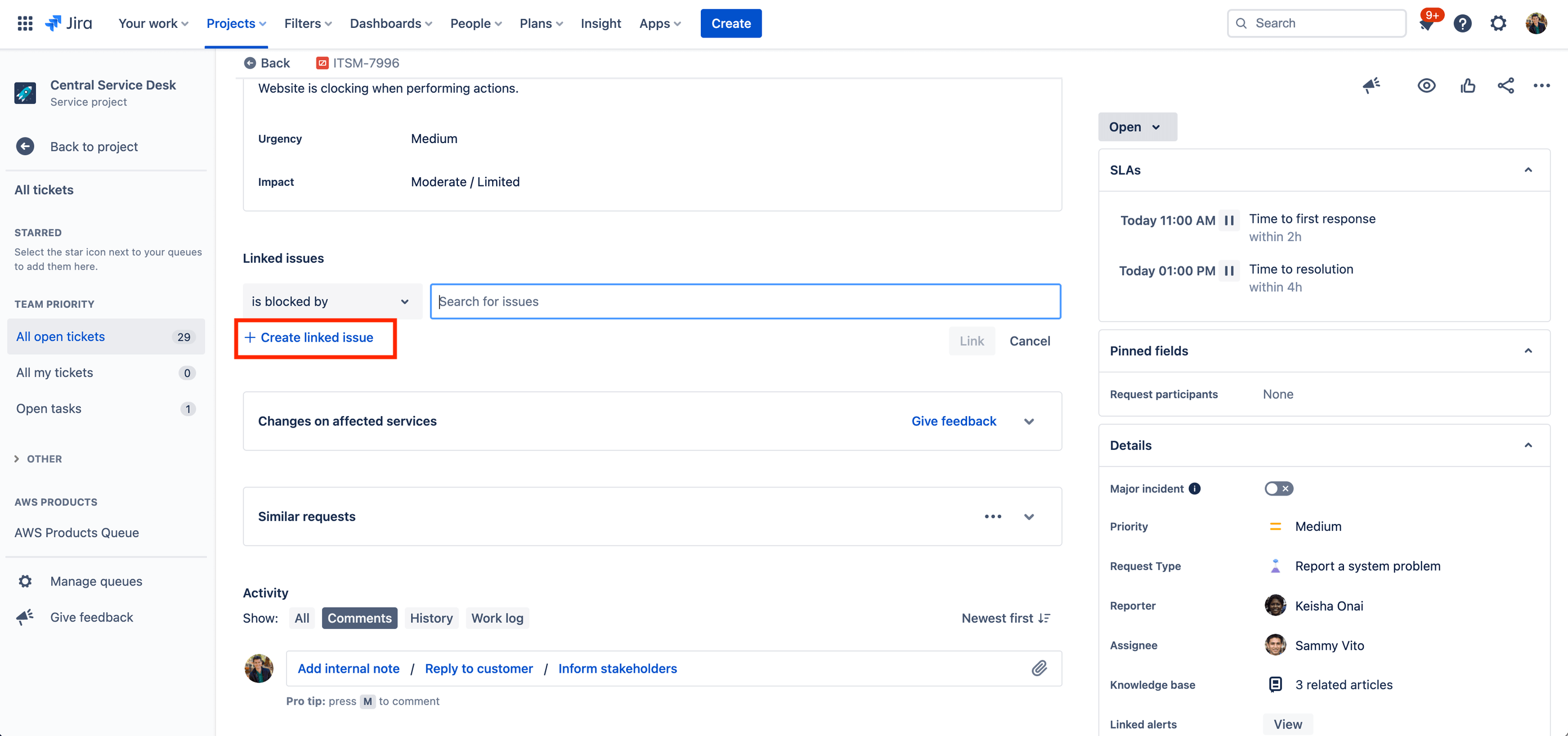 Criação de um item vinculado a partir do Jira Software