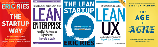 5 Lean books: The startup way, lean enterprise, the lean startup, lean ux, and the age of agile