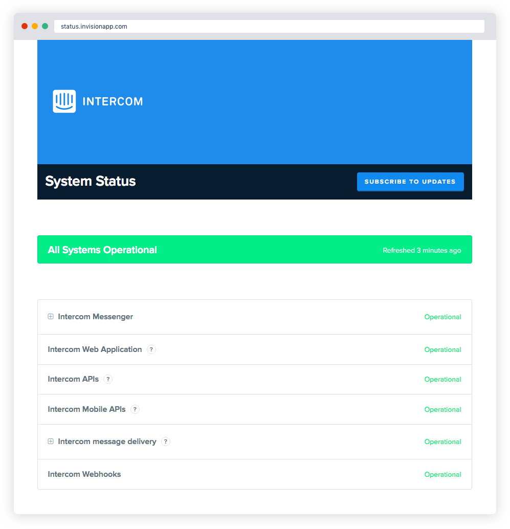 Intercom の Statuspage のスクリーンショット