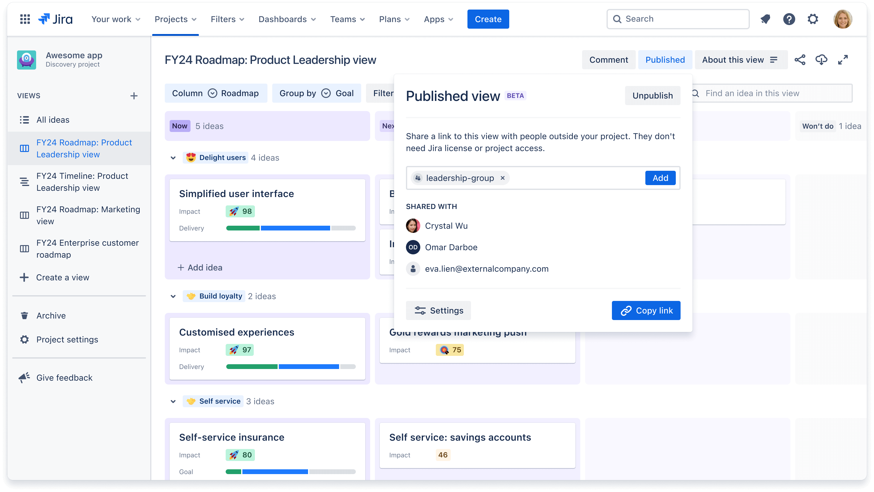 Published view modal in Jira Product Discovery