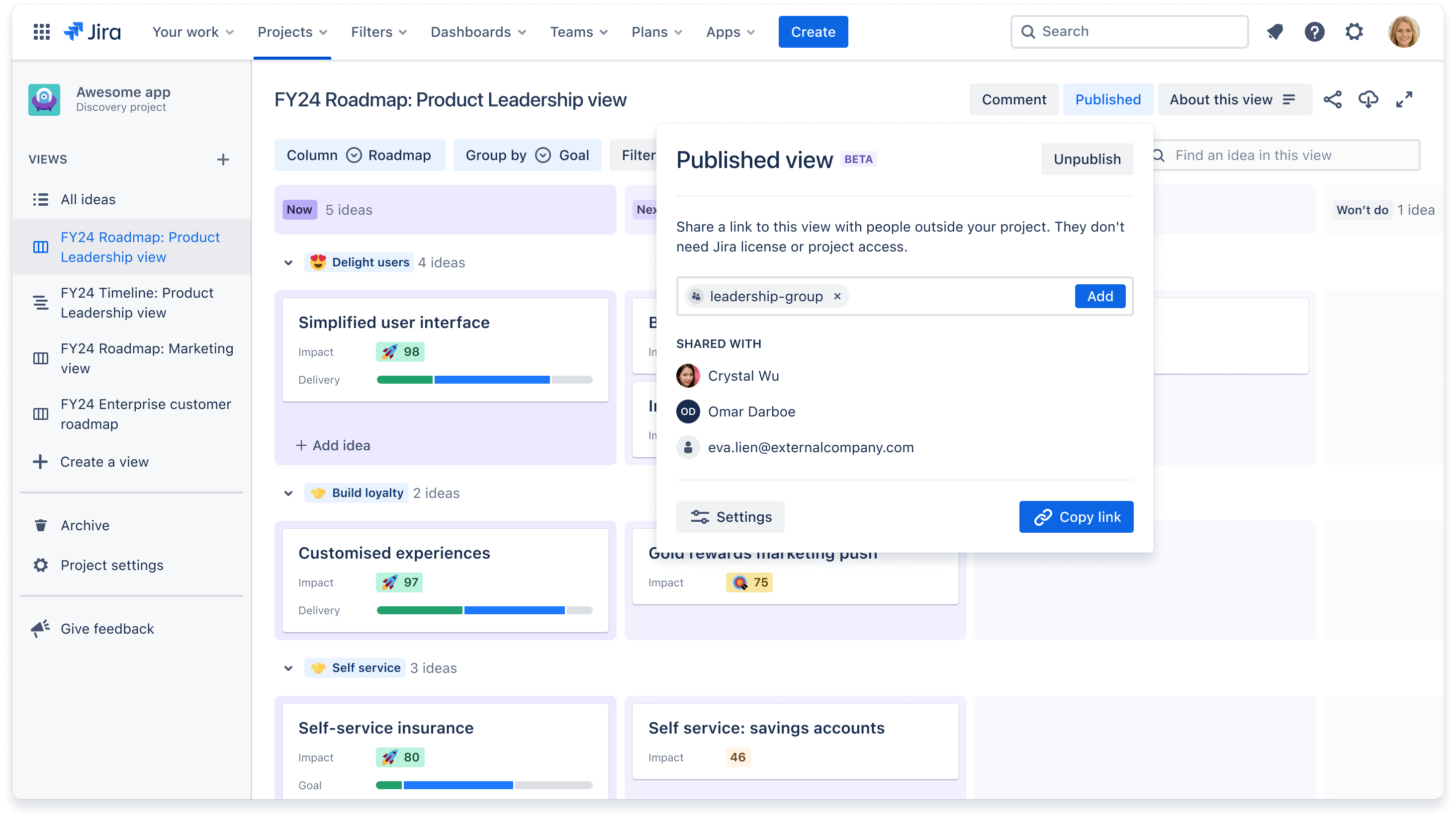 Jira Product Discovery で公開されたビュー モーダル