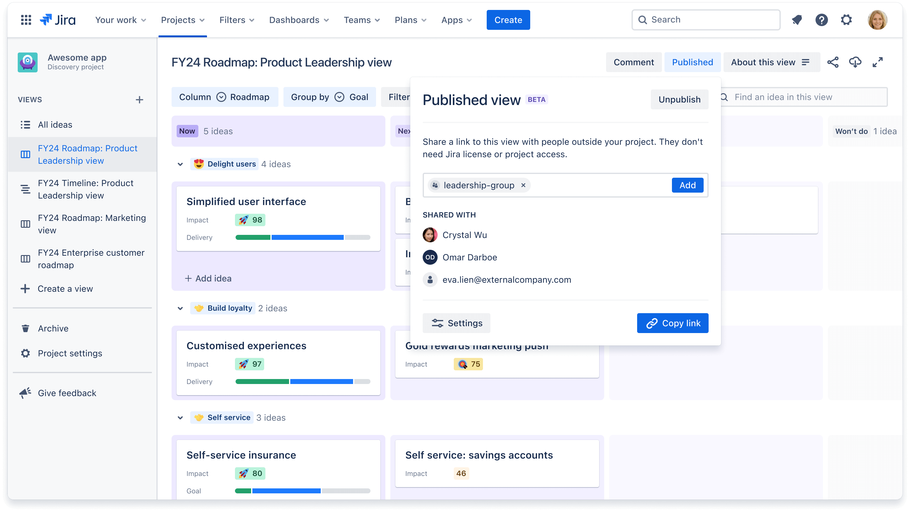 Jira Product Discovery 中的已发布视图模式窗口