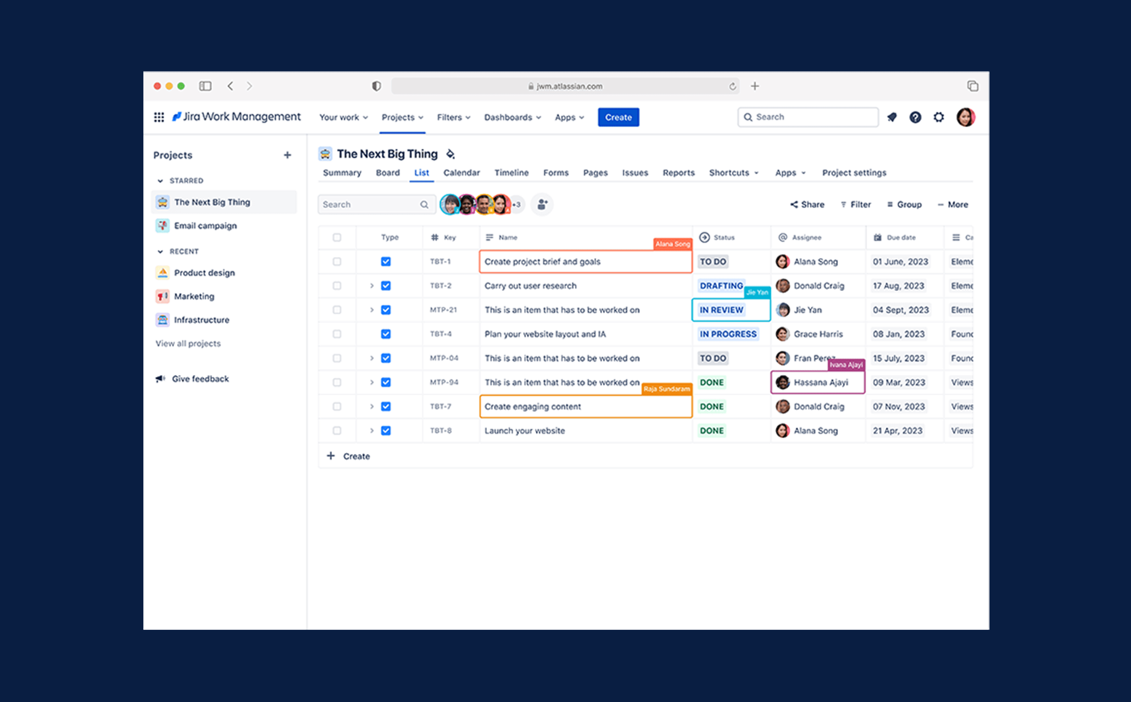 Tryb współpracy w widoku listy Jira Work Management