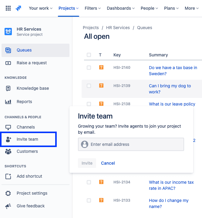 screenshot of Invite your team to use Jira Service Management
