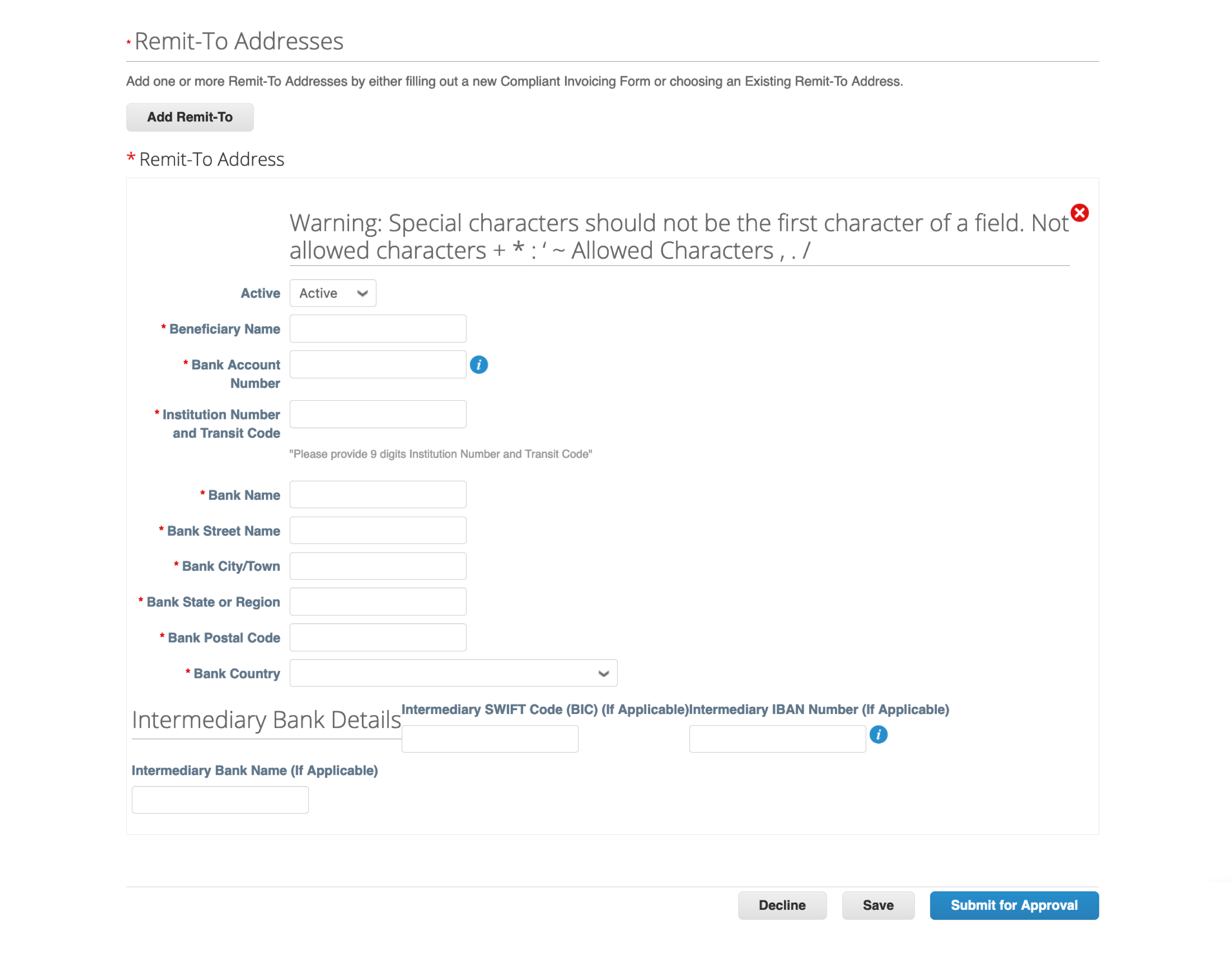 Canada Domestic and Foreign Remit-To Address form Coupa Supplier