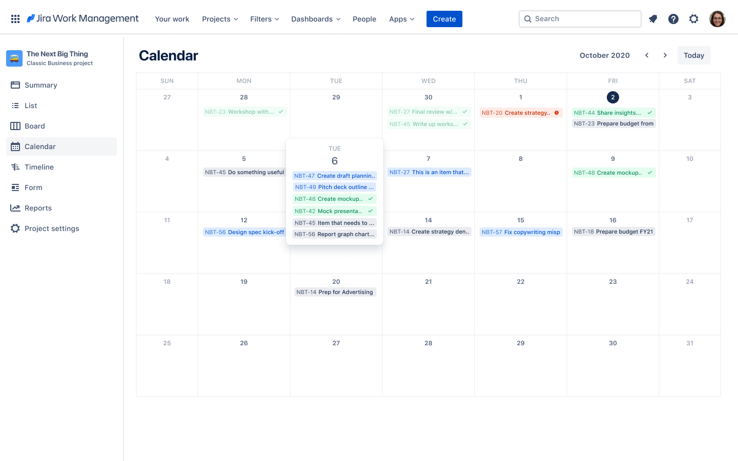 Example of calendar view