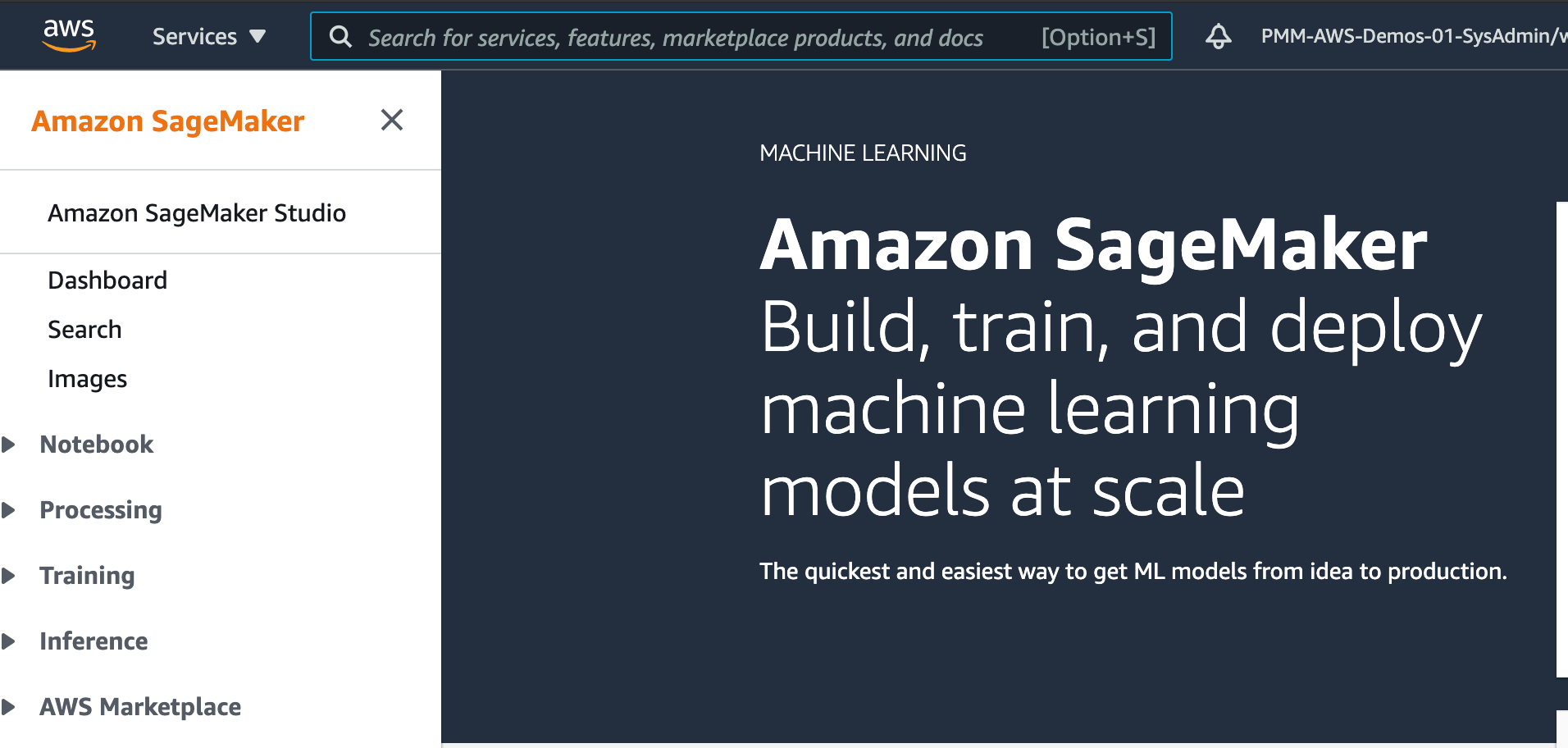 Captura de tela do Amazon SageMaker Studio