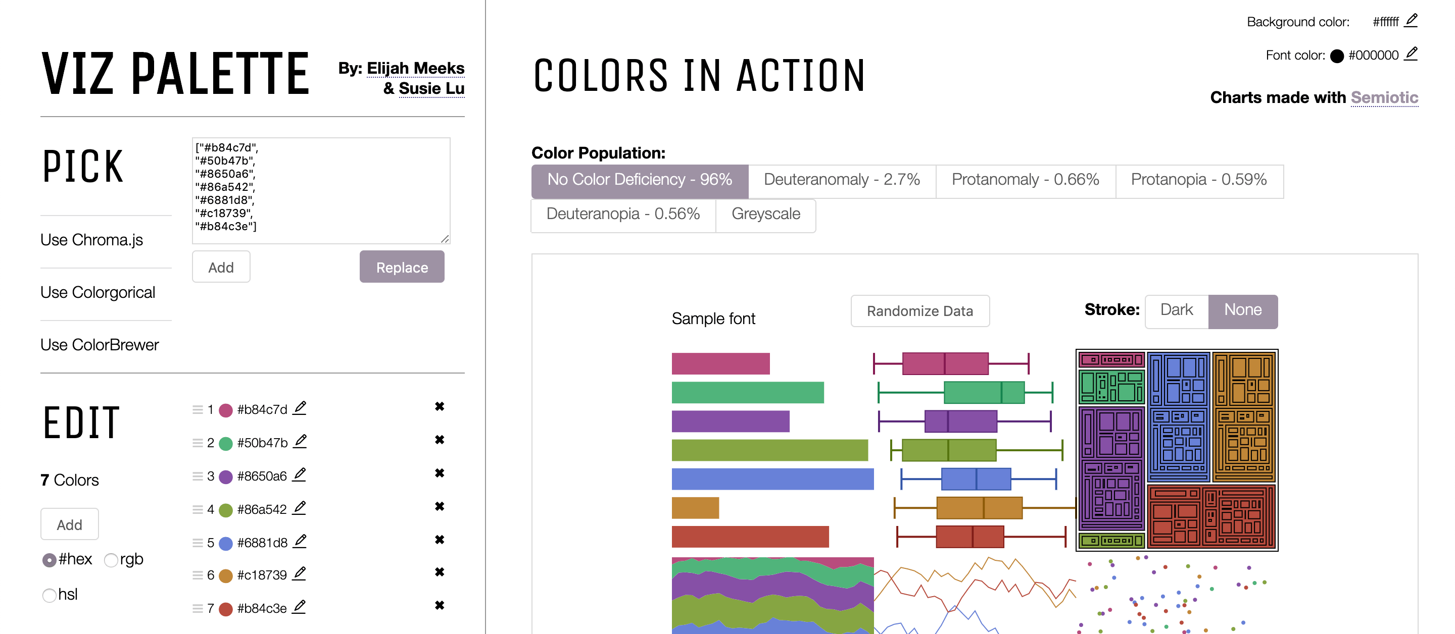 Screenshot of the Viz Palette site depicting a random palette generated from i want hue.