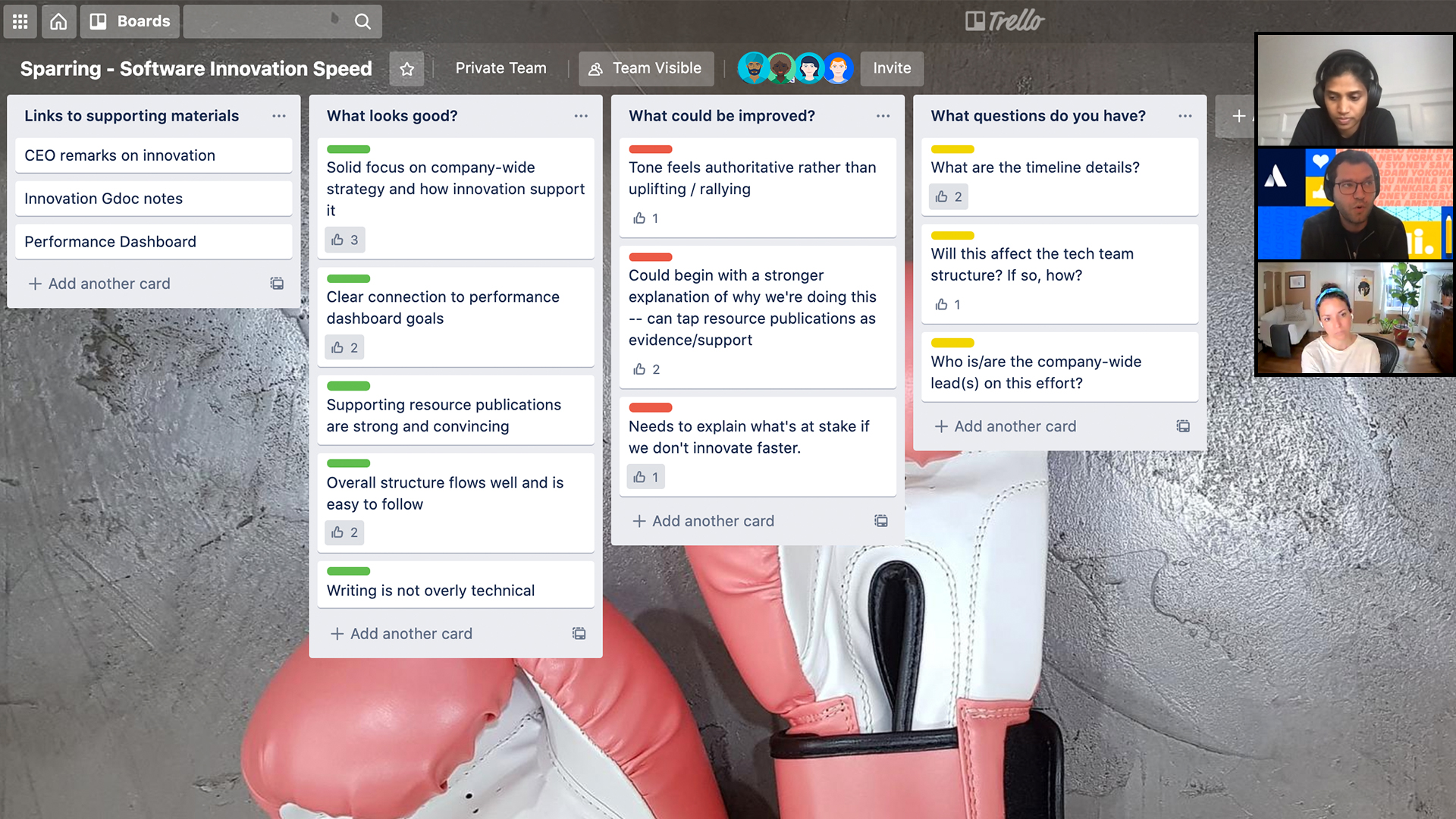 Membres de l'équipe discutant du tableau Trello