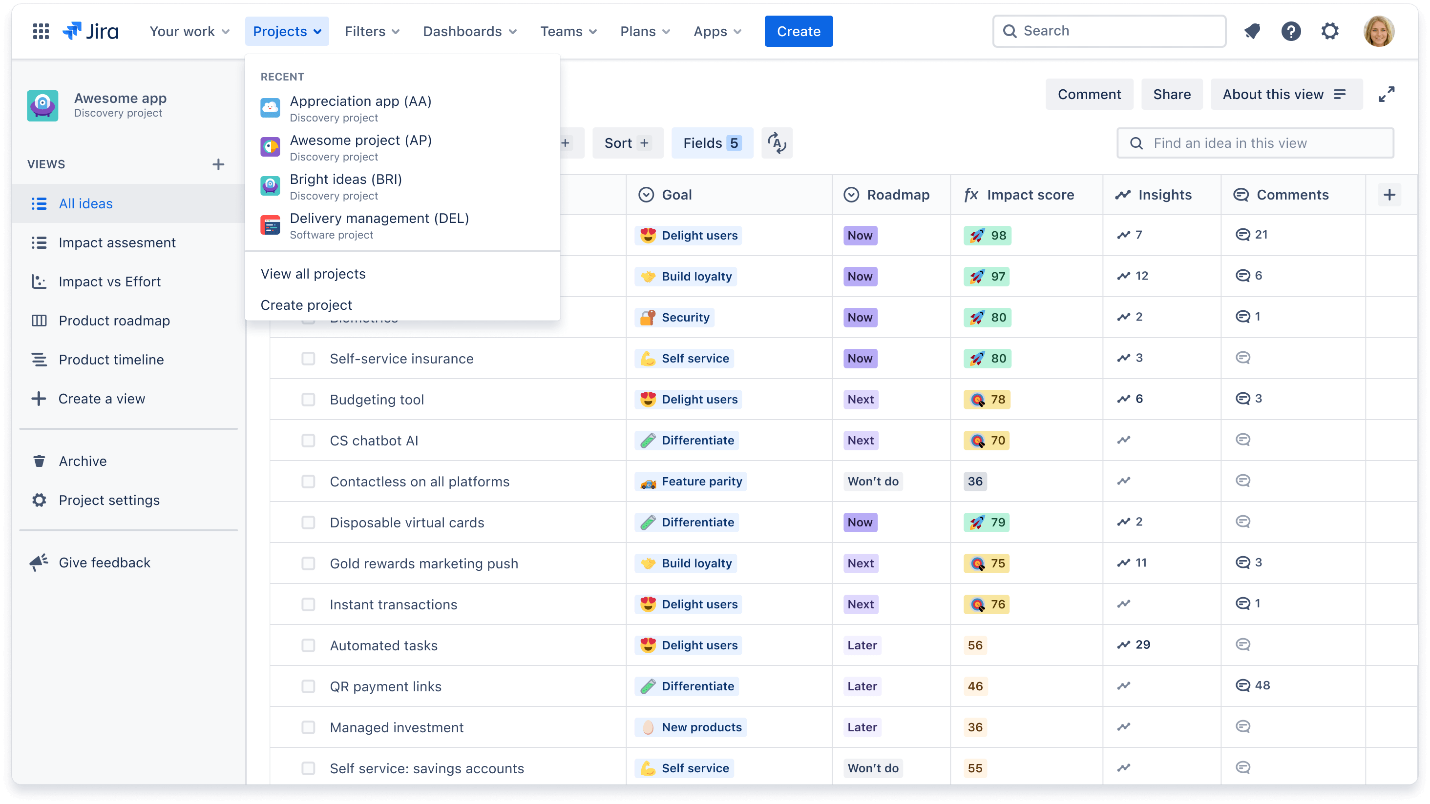 Project dropdown