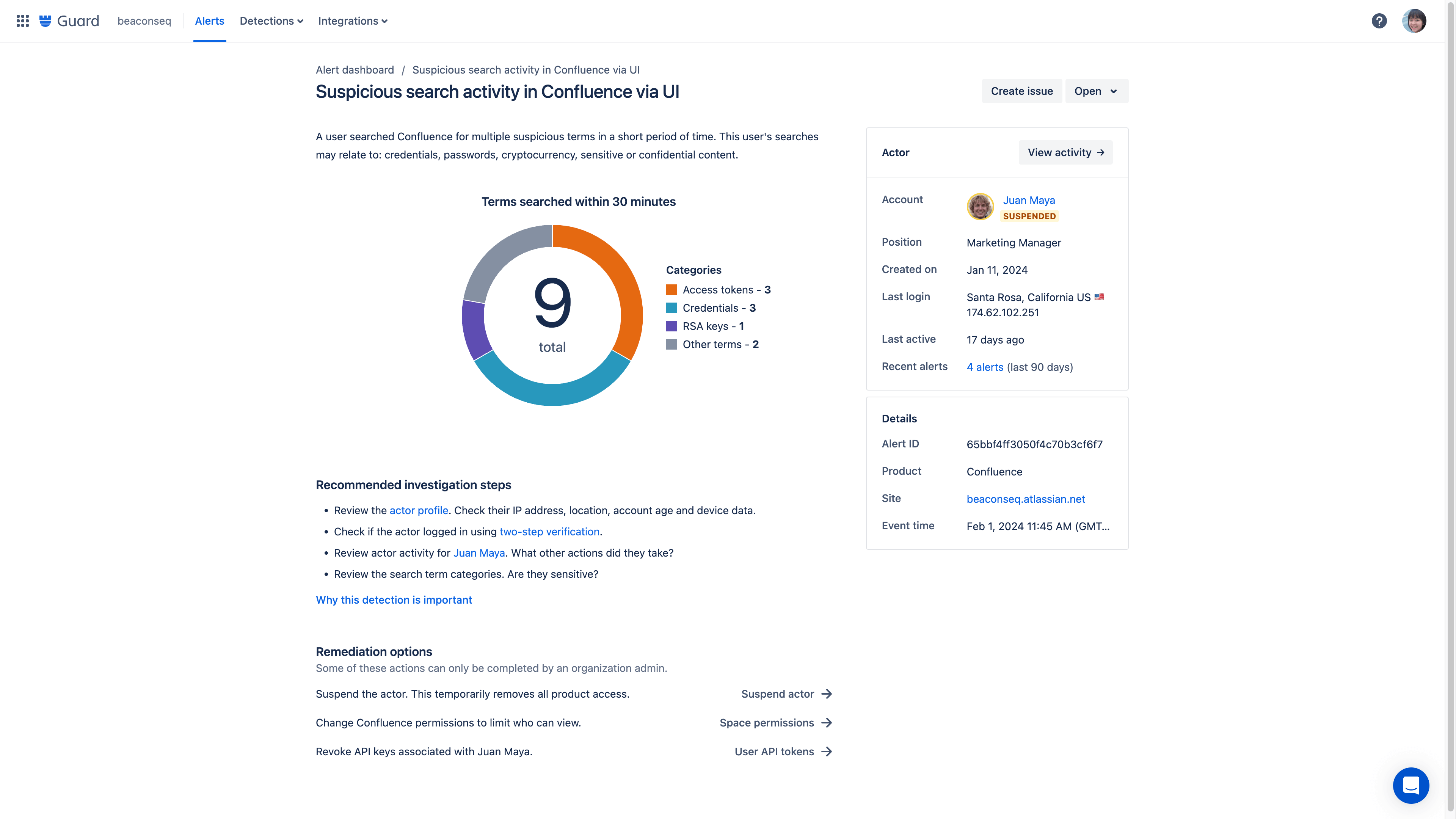 Captura de pantalla de las detecciones de actividad anómala