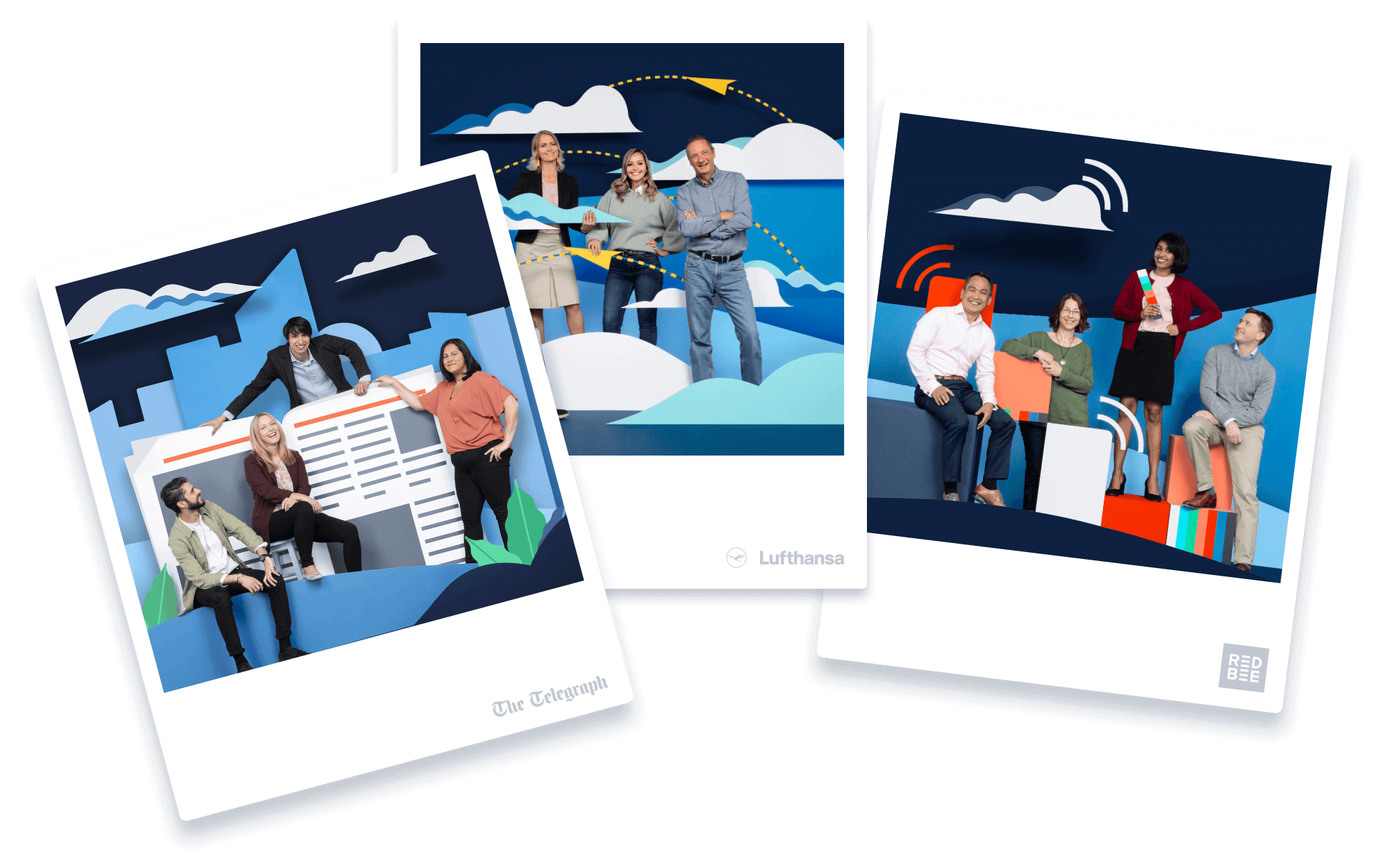 Drei Polaroids mit Teammitgliedern.