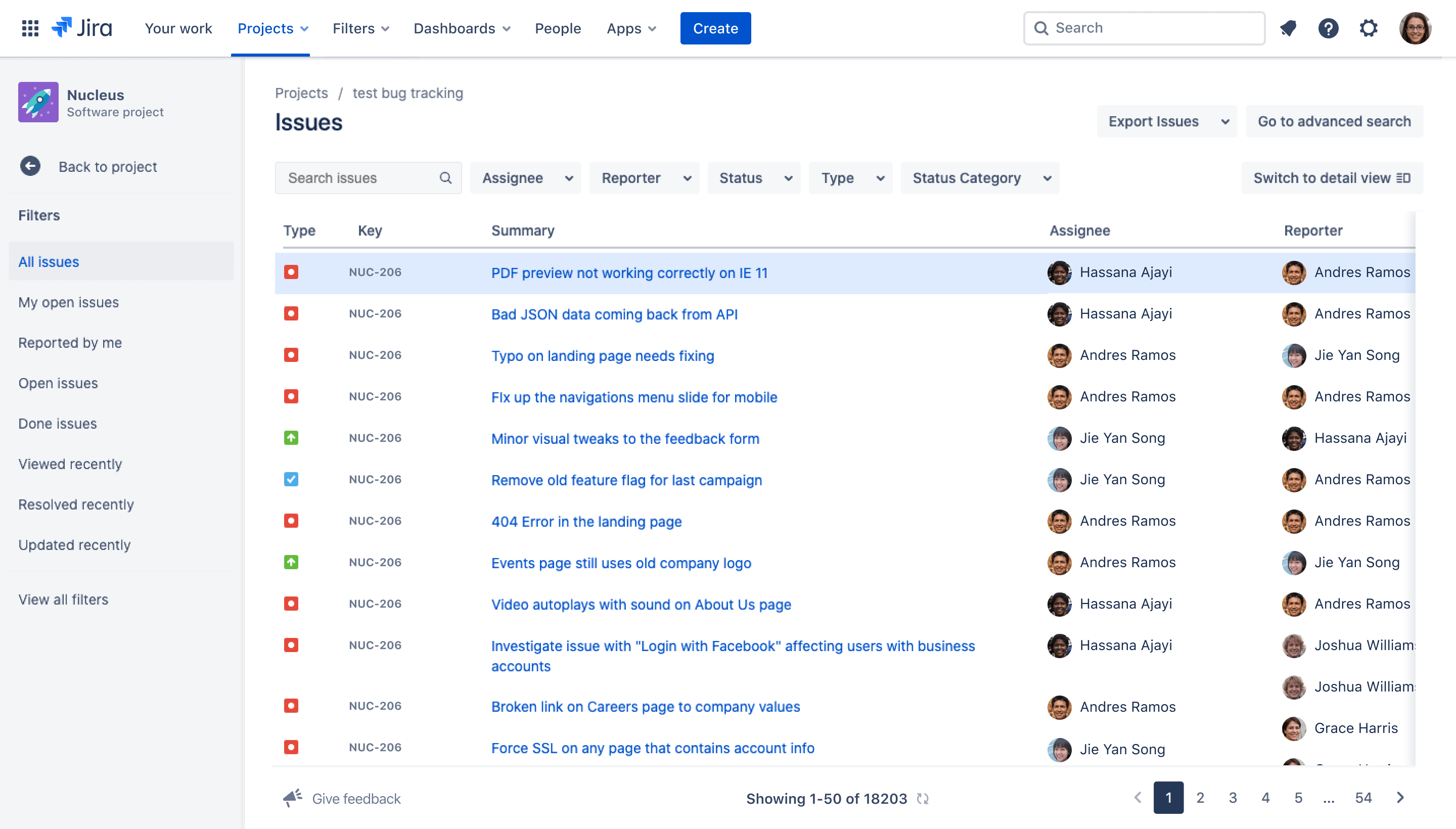 Bug tracking template view in Jira Software