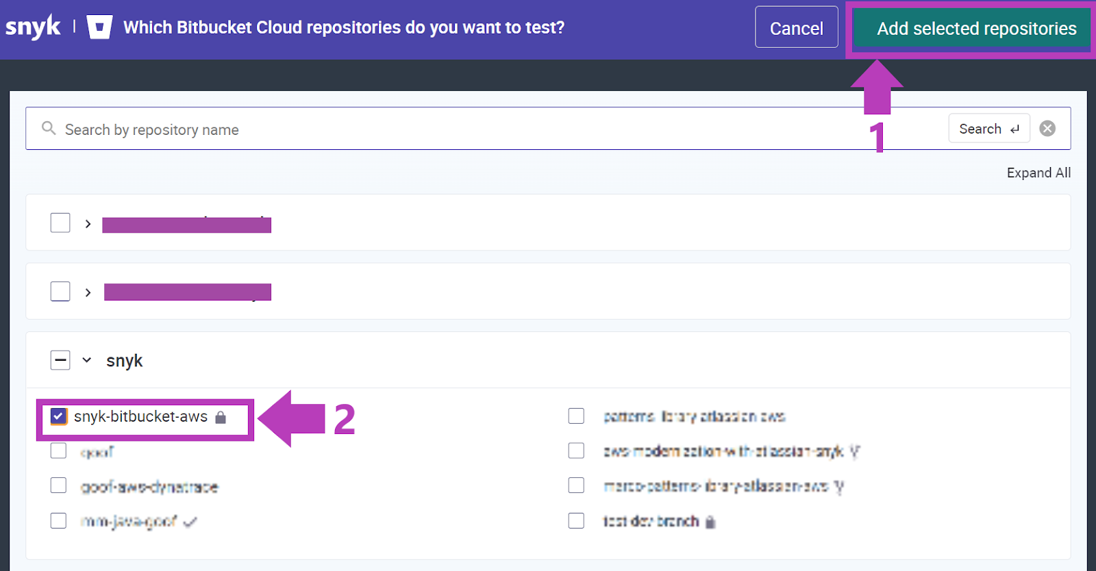 Bouton <strong>Add selected repositories</strong> (Ajouter les dépôts sélectionnés) dans le coin supérieur droit