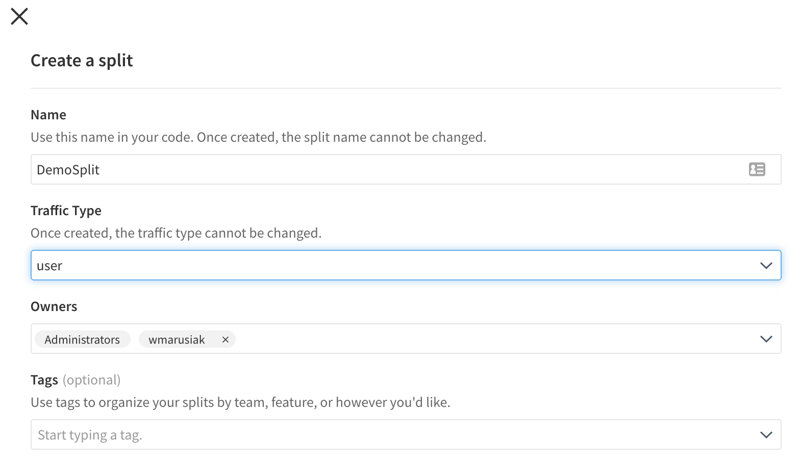 Inputting traffic type in create split window