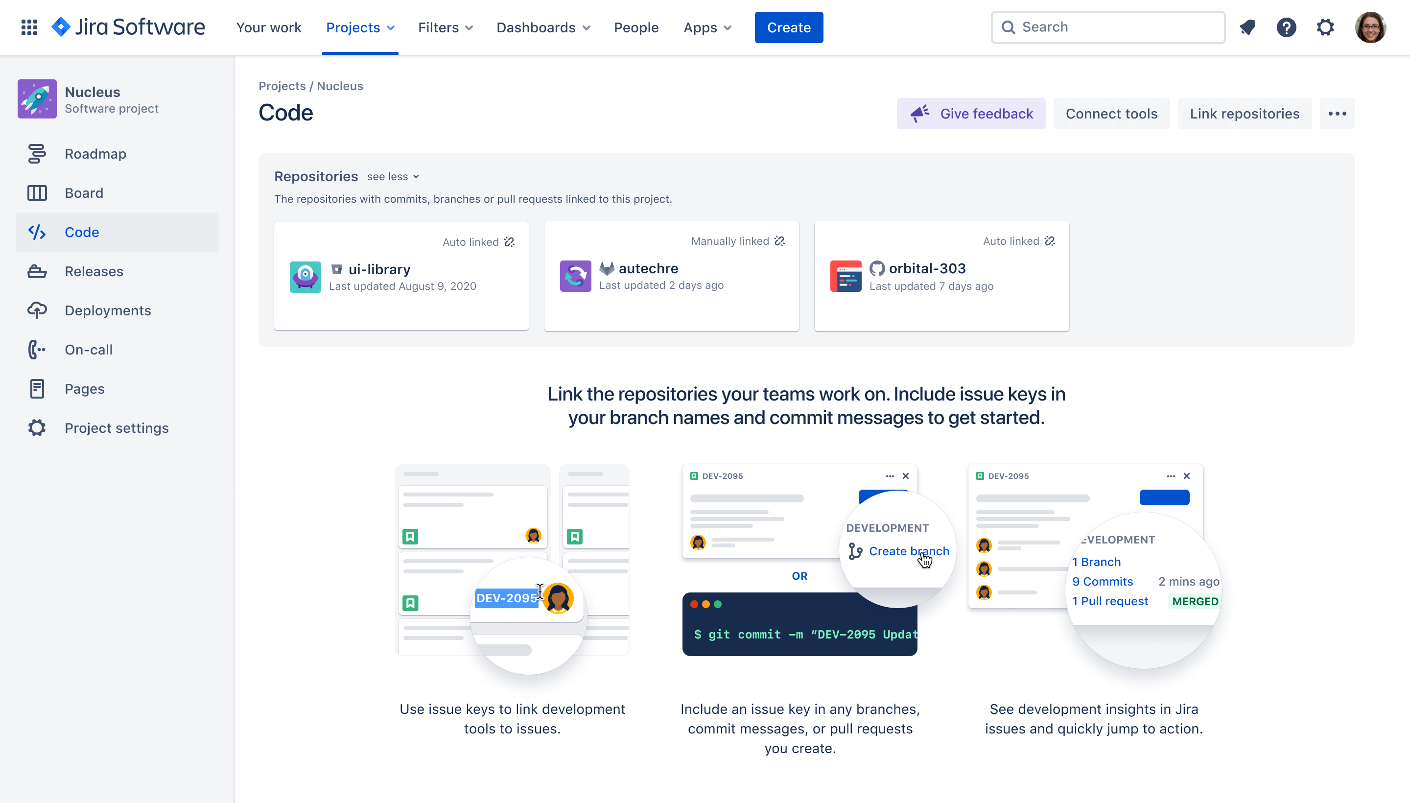 Koppel de repository's waar je team aan werkt. Neem issuecodes op in je branchnamen en commitberichten om met het DevOps-sjabloon aan de slag te gaan in Jira Software