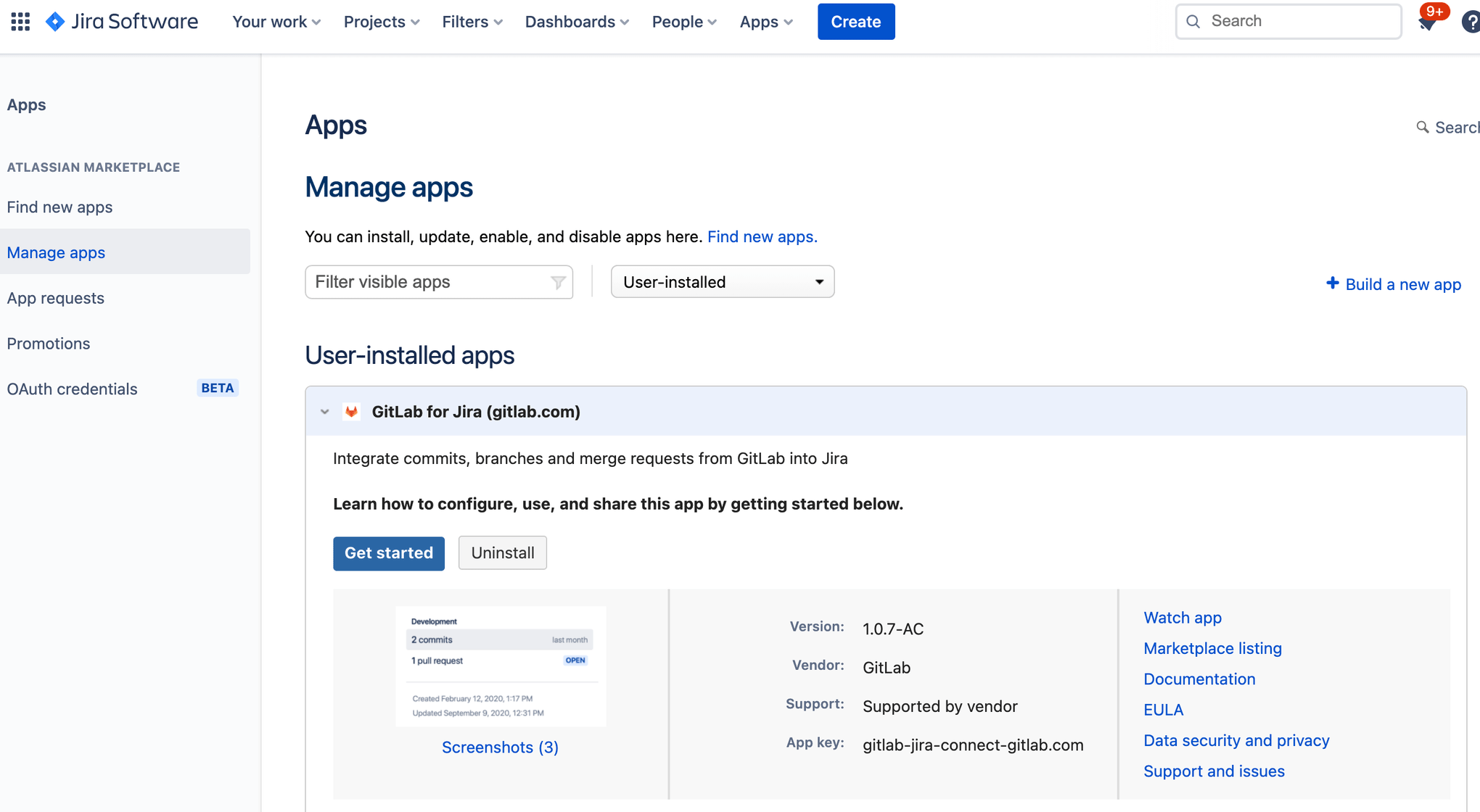 Expand Gitlab when on the Manage Apps screen in Jira Software