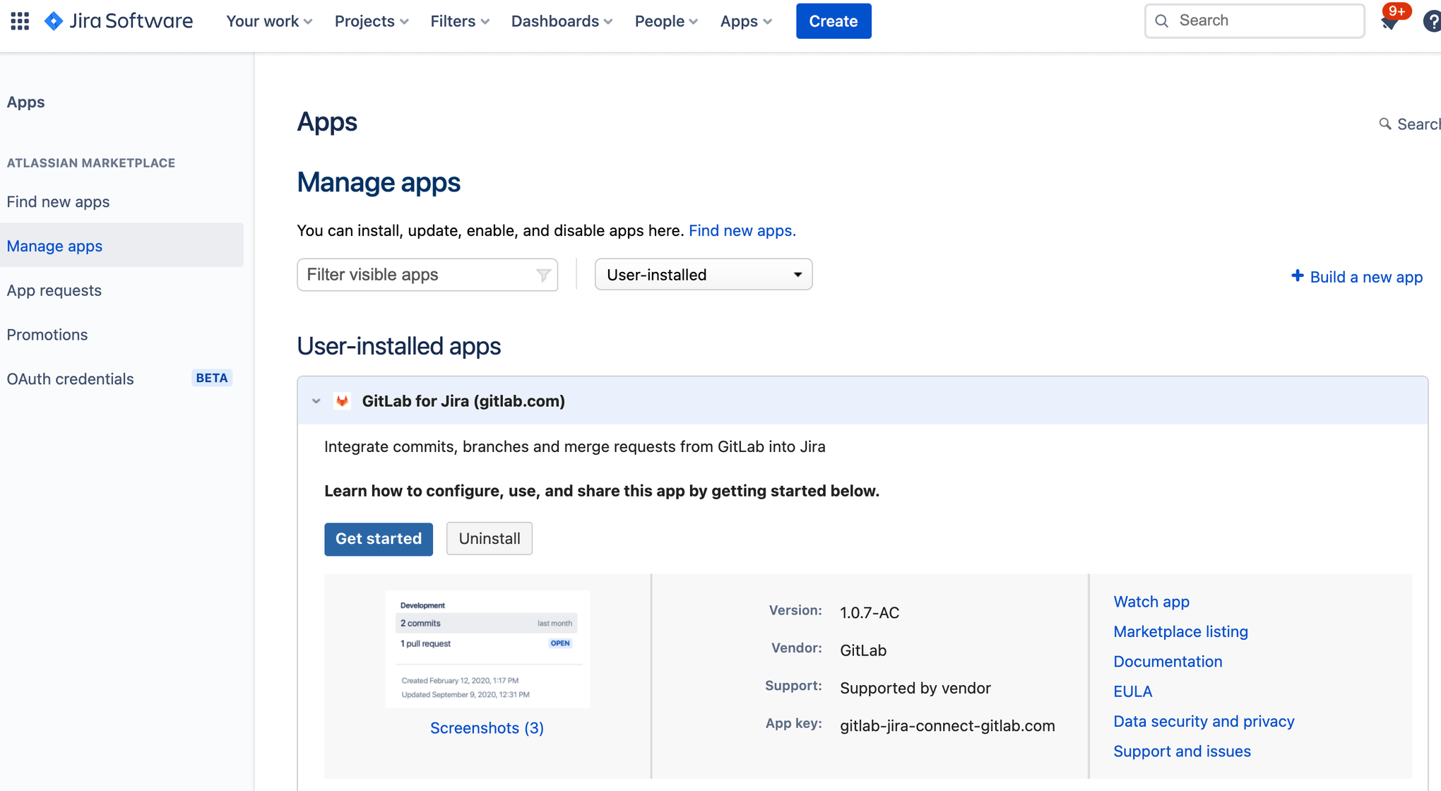 在 Jira Software 的“管理应用”屏幕上展开 Gitlab