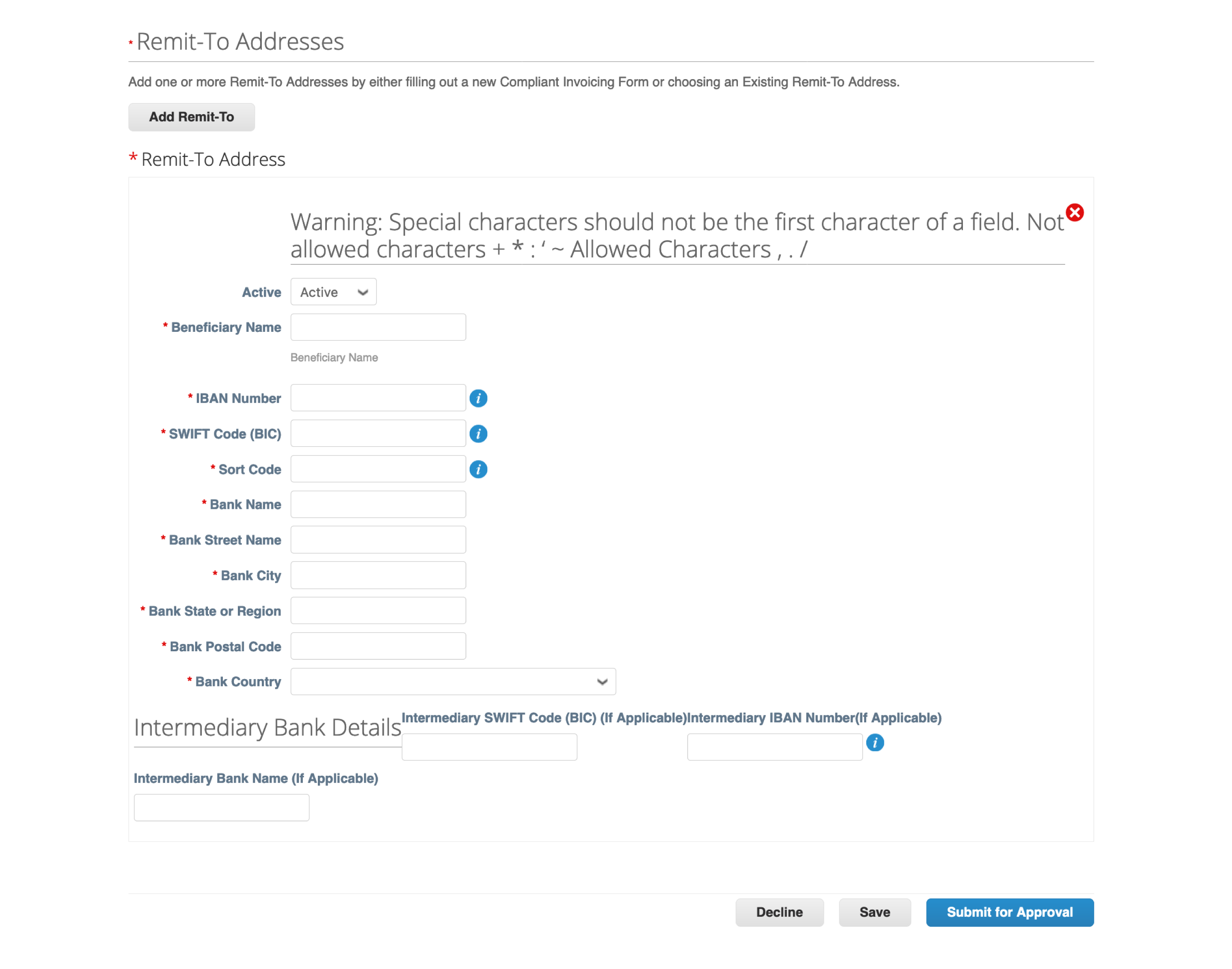 UK Foreign Remit-To Address form Coupa Supplier