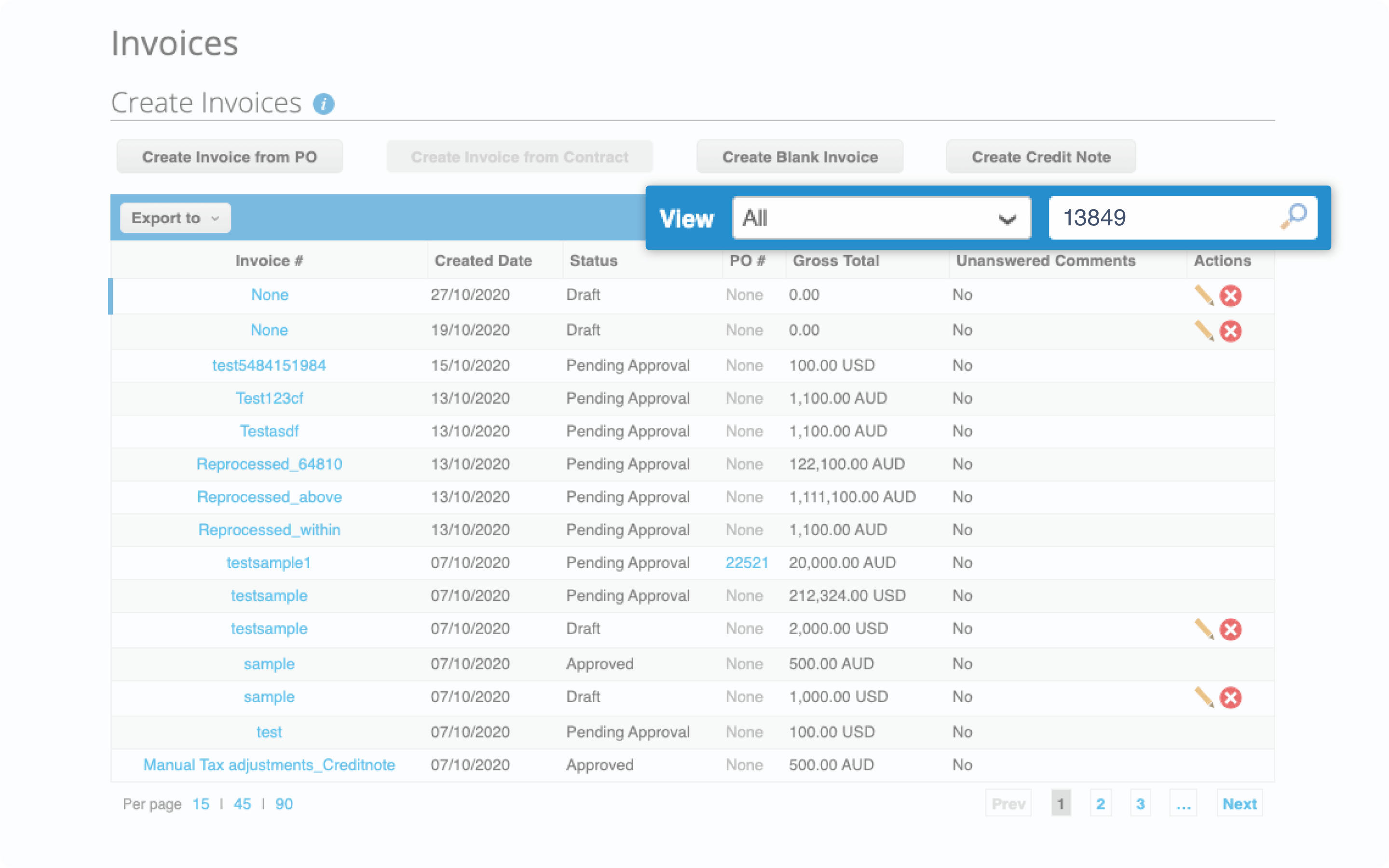 In case supplier wants to check their invoice status, just go to Invoices tab and search the invoice number in the search tab