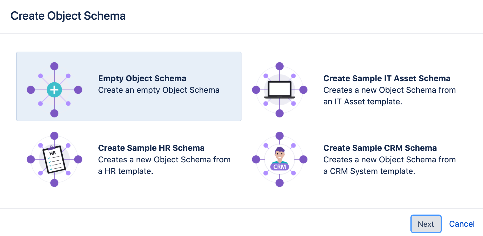 オブジェクト スキーマは、空のスキーマ、IT アセット スキーマ、HR スキーマ、および CRM スキーマのオプションでフォームを作成します。