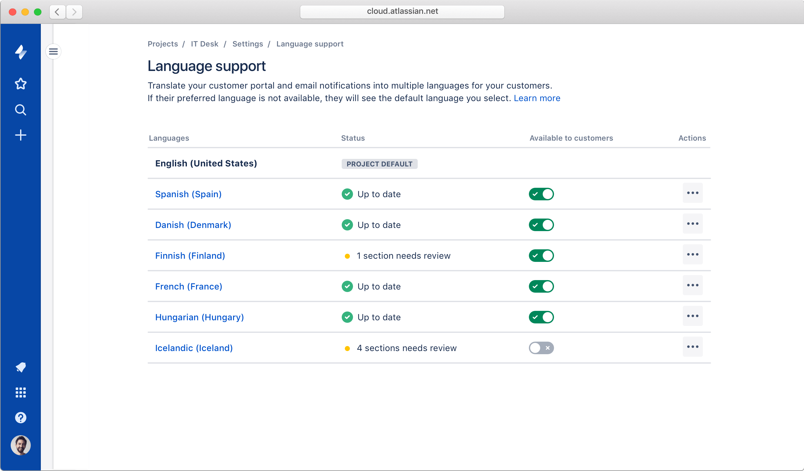 Ejemplo de opciones de soporte en varios idiomas