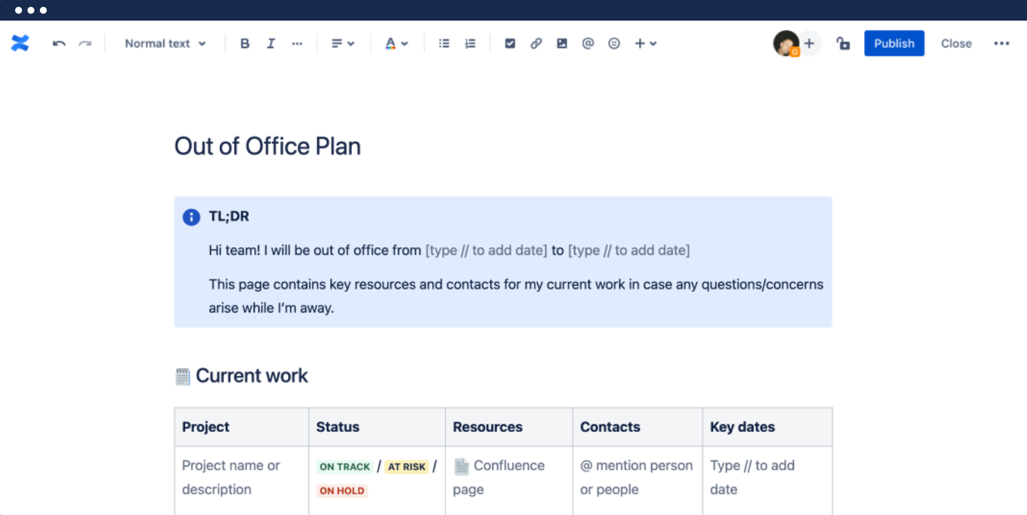 screenshot of "out of office" template