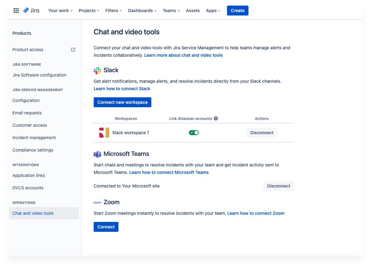 Einstellungen für Chat- und Videotools in JSM