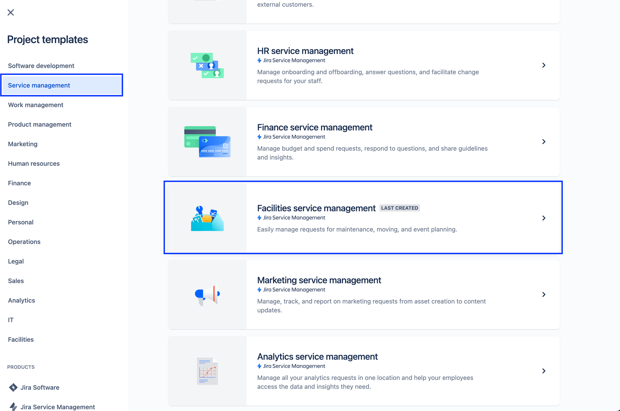 captura de tela do template de gerenciamento de serviços de instalações na página do template