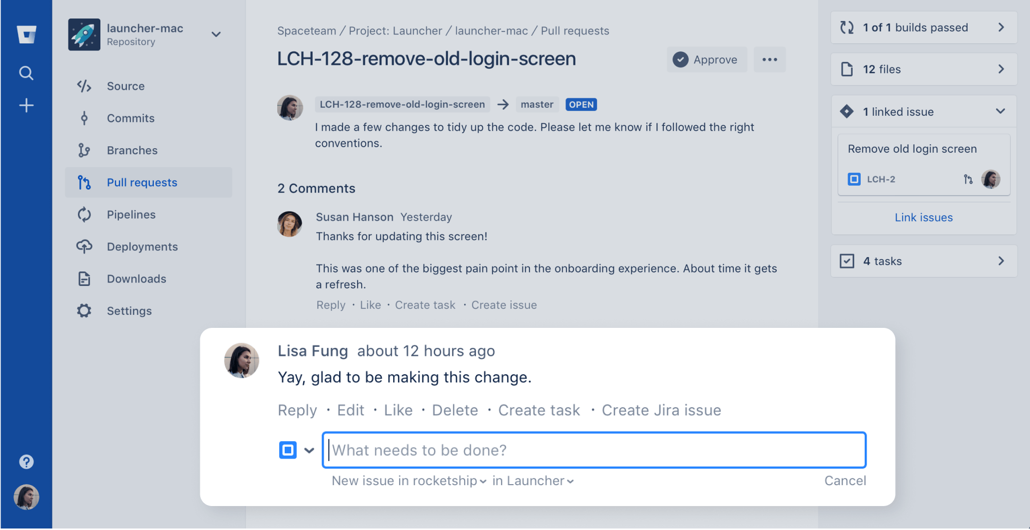 Bitbucket からの Jira 作業項目作成の画面キャプチャ