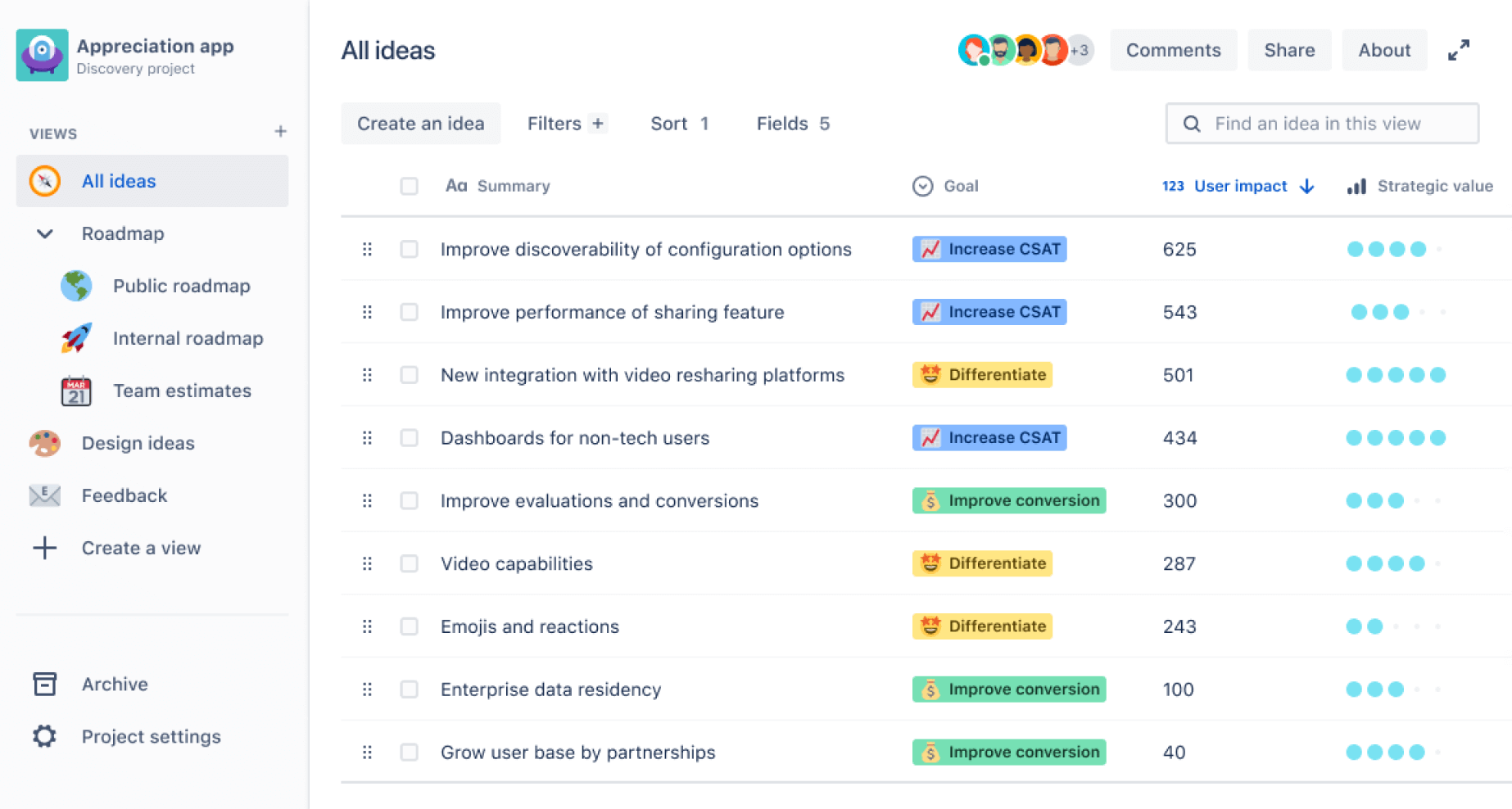 Captura de tela da visualização de lista