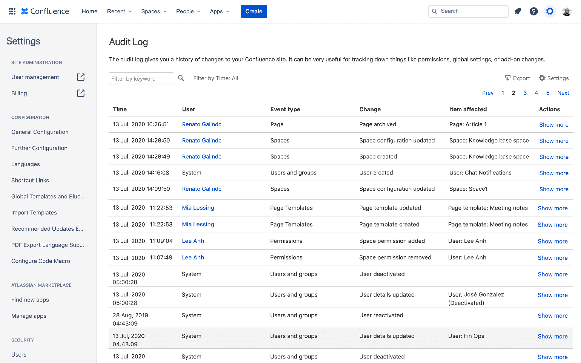 Example of audit logs